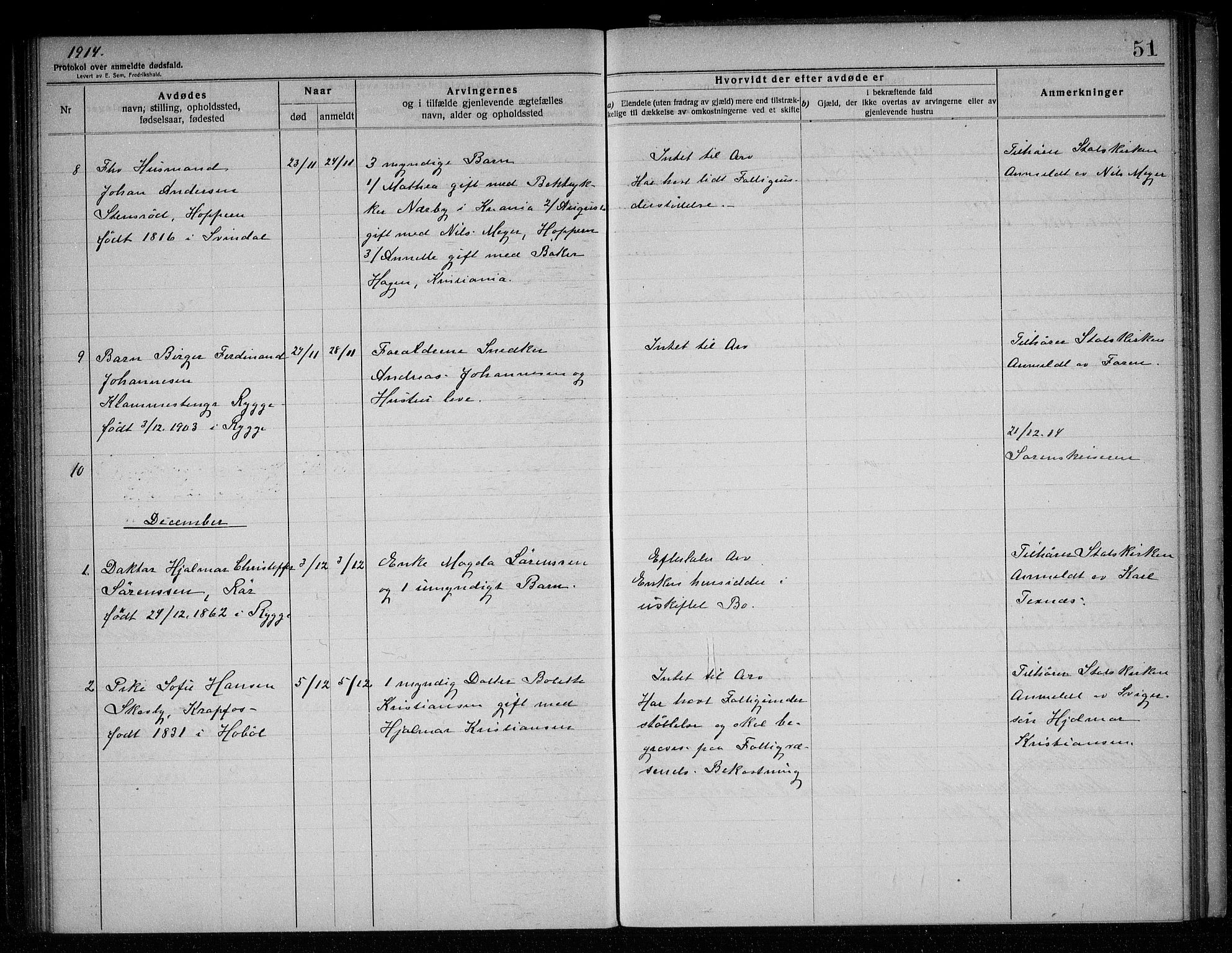 Rygge lensmannskontor, SAO/A-10005/H/Ha/Haa/L0005: Dødsfallsprotokoll, 1912-1916, s. 51