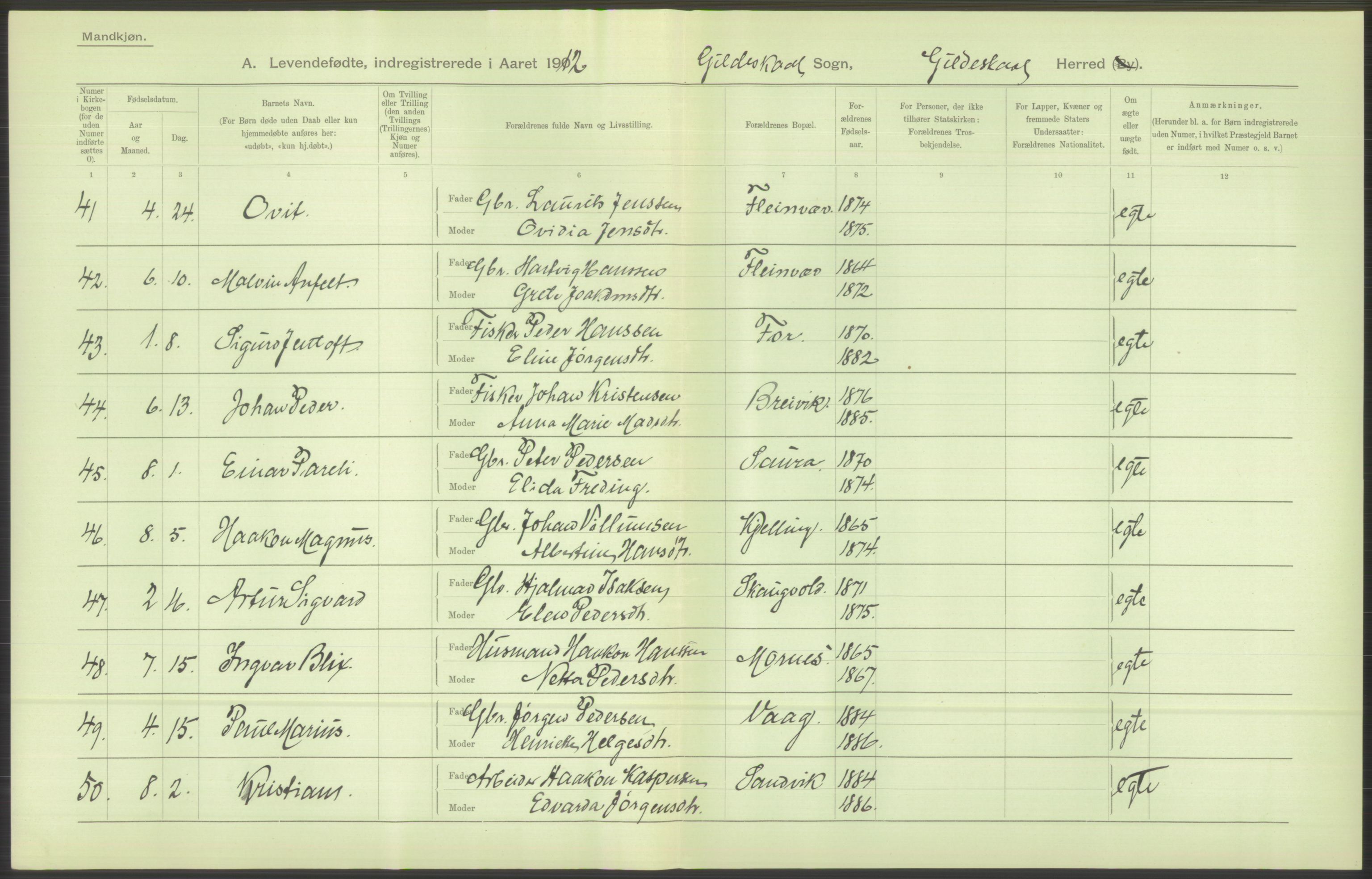 Statistisk sentralbyrå, Sosiodemografiske emner, Befolkning, AV/RA-S-2228/D/Df/Dfb/Dfbb/L0046: Nordlands amt: Levendefødte menn og kvinner. Bygder., 1912, s. 48