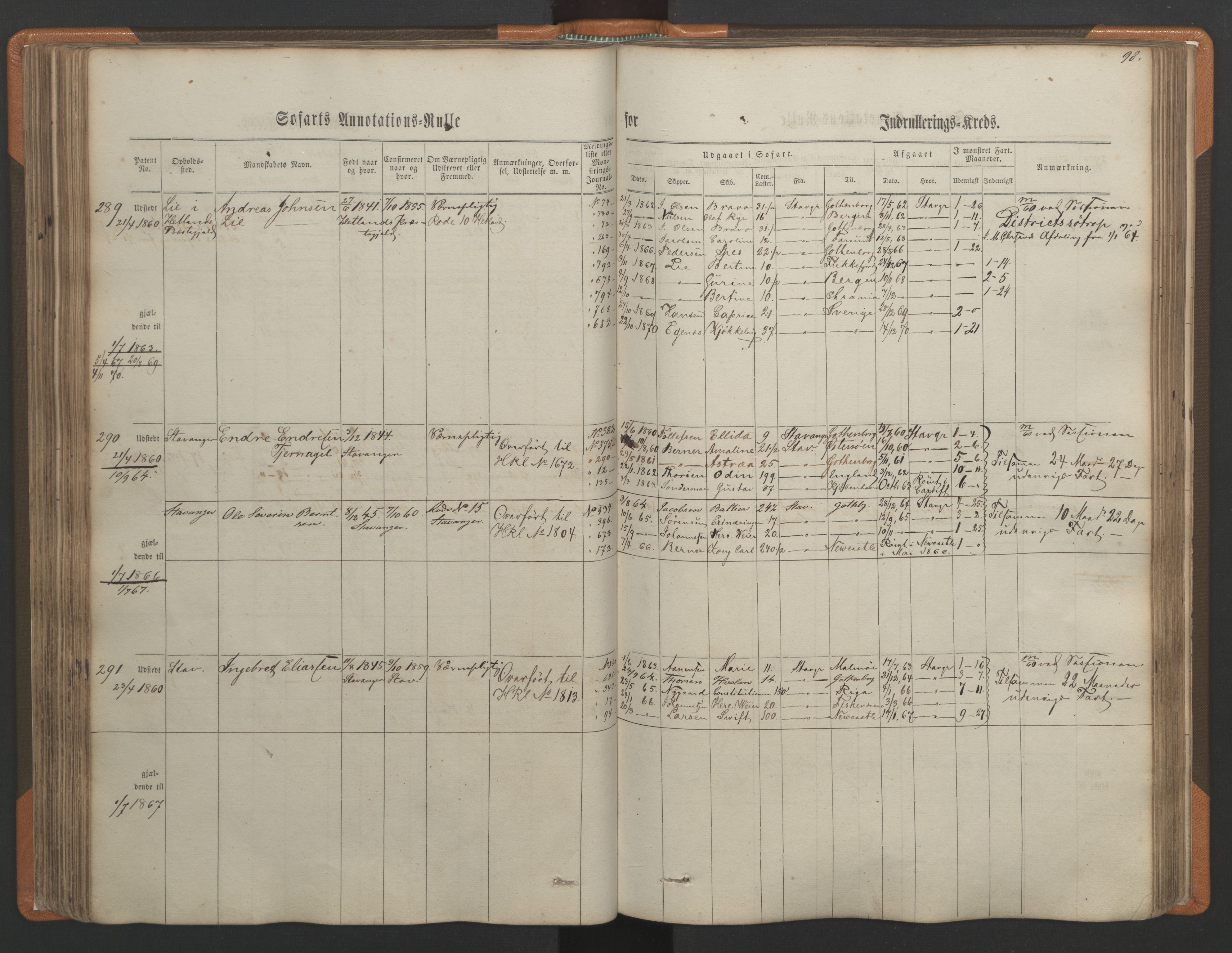 Stavanger sjømannskontor, AV/SAST-A-102006/F/Ff/L0001: Annotasjonsrulle, patentnr. 1-597 (del 1), 1860-1864, s. 107