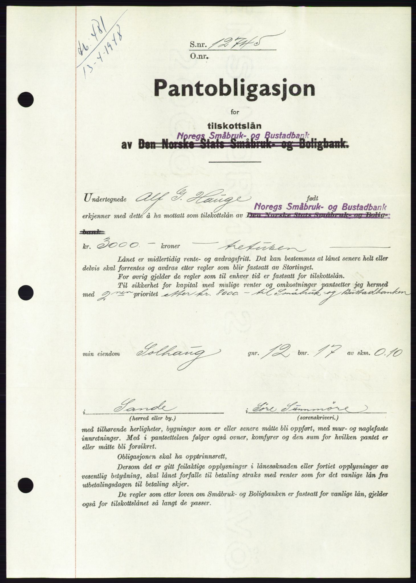 Søre Sunnmøre sorenskriveri, AV/SAT-A-4122/1/2/2C/L0115: Pantebok nr. 3B, 1947-1948, Dagboknr: 481/1948