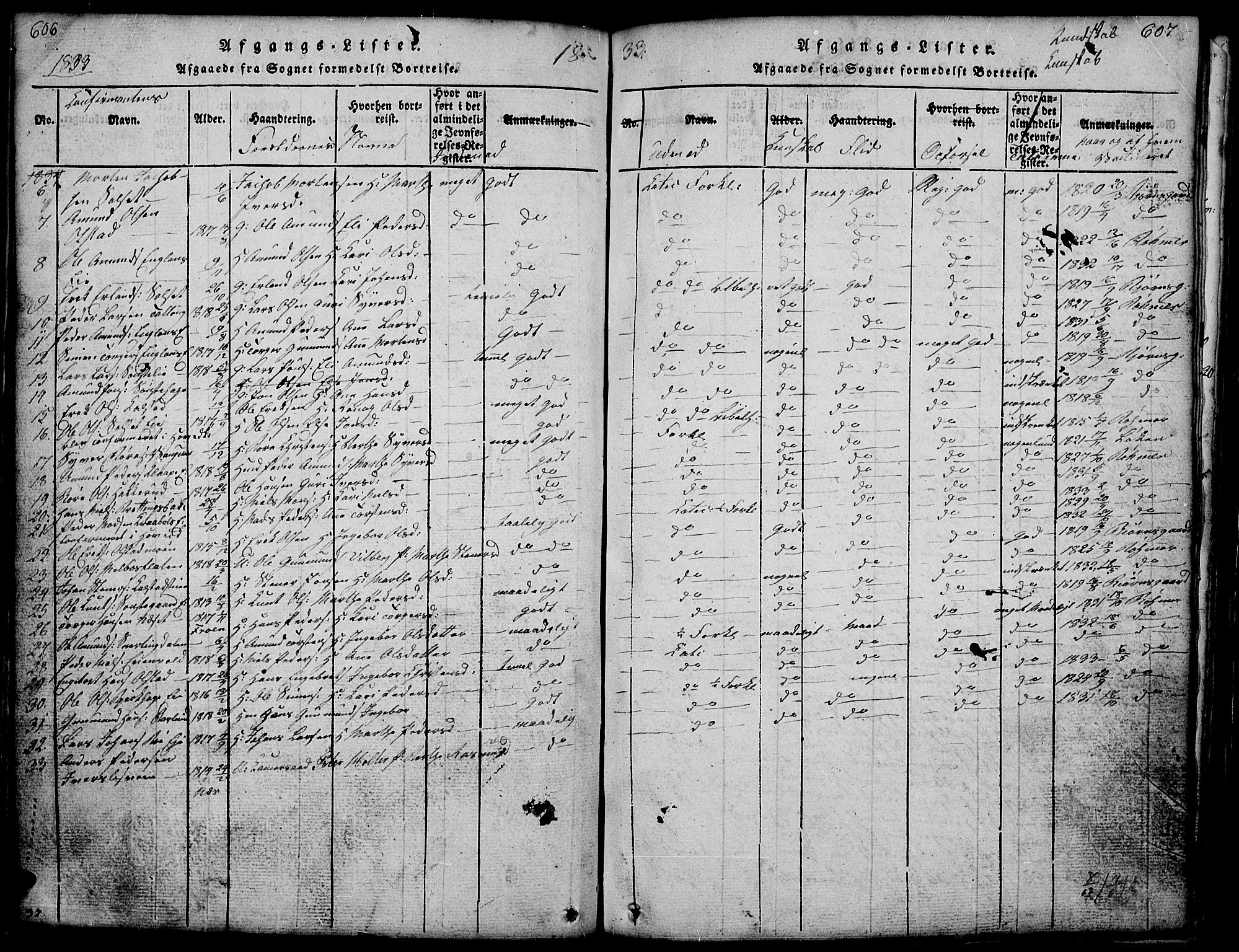 Gausdal prestekontor, SAH/PREST-090/H/Ha/Hab/L0001: Klokkerbok nr. 1, 1817-1848, s. 606-607