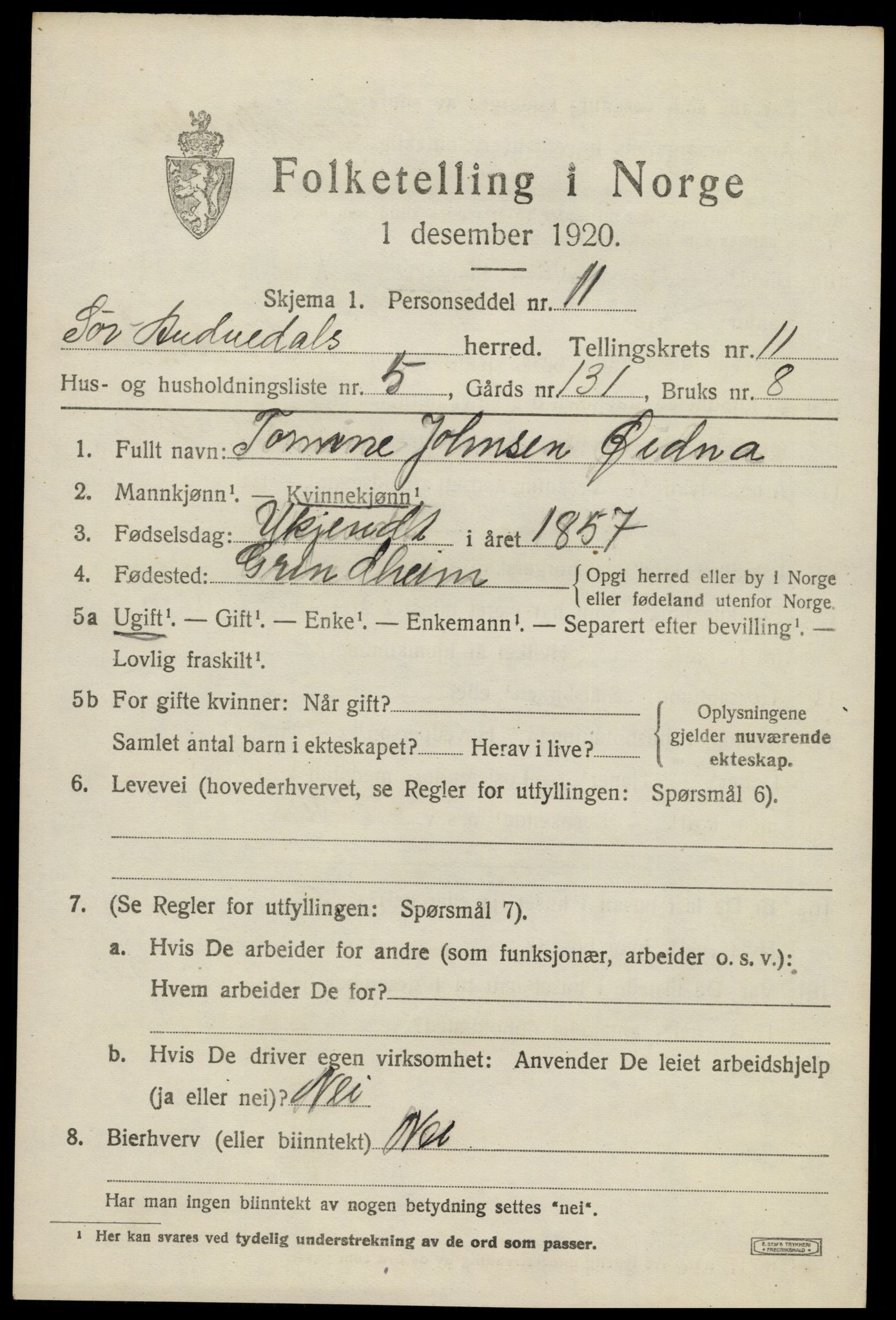 SAK, Folketelling 1920 for 1029 Sør-Audnedal herred, 1920, s. 4303