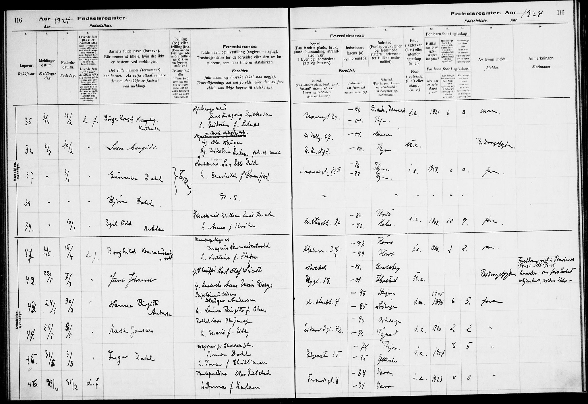 Ministerialprotokoller, klokkerbøker og fødselsregistre - Sør-Trøndelag, AV/SAT-A-1456/604/L0233: Fødselsregister nr. 604.II.4.2, 1920-1928, s. 116