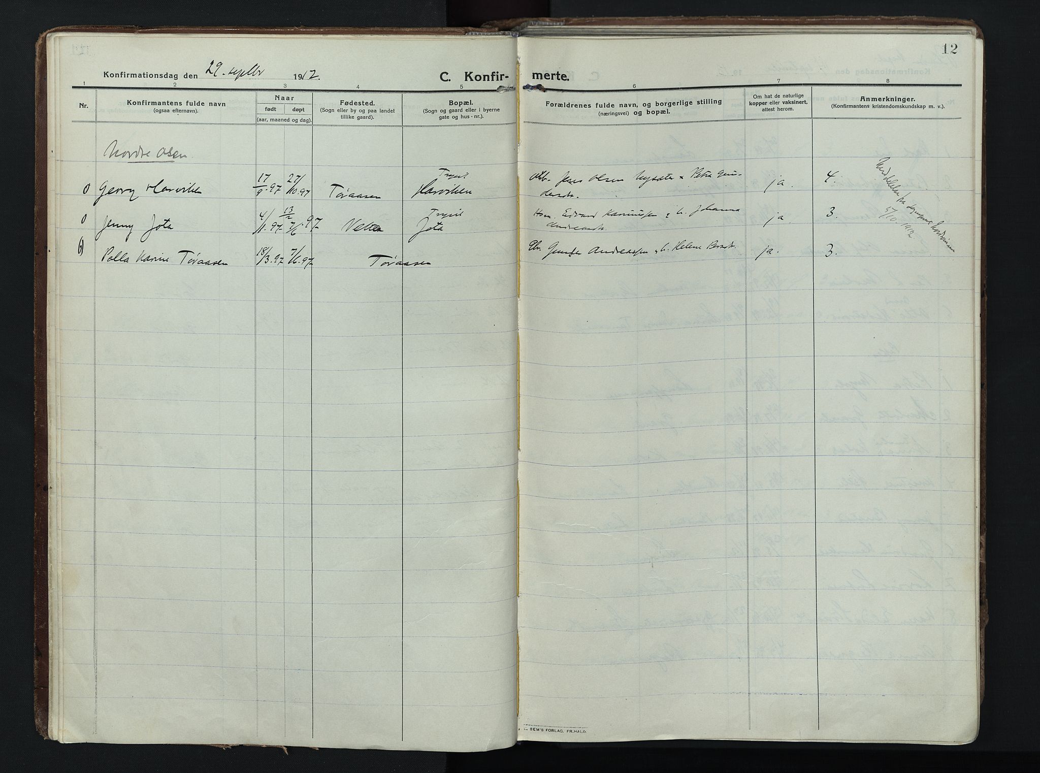 Trysil prestekontor, AV/SAH-PREST-046/H/Ha/Haa/L0014: Ministerialbok nr. 14, 1912-1923, s. 12