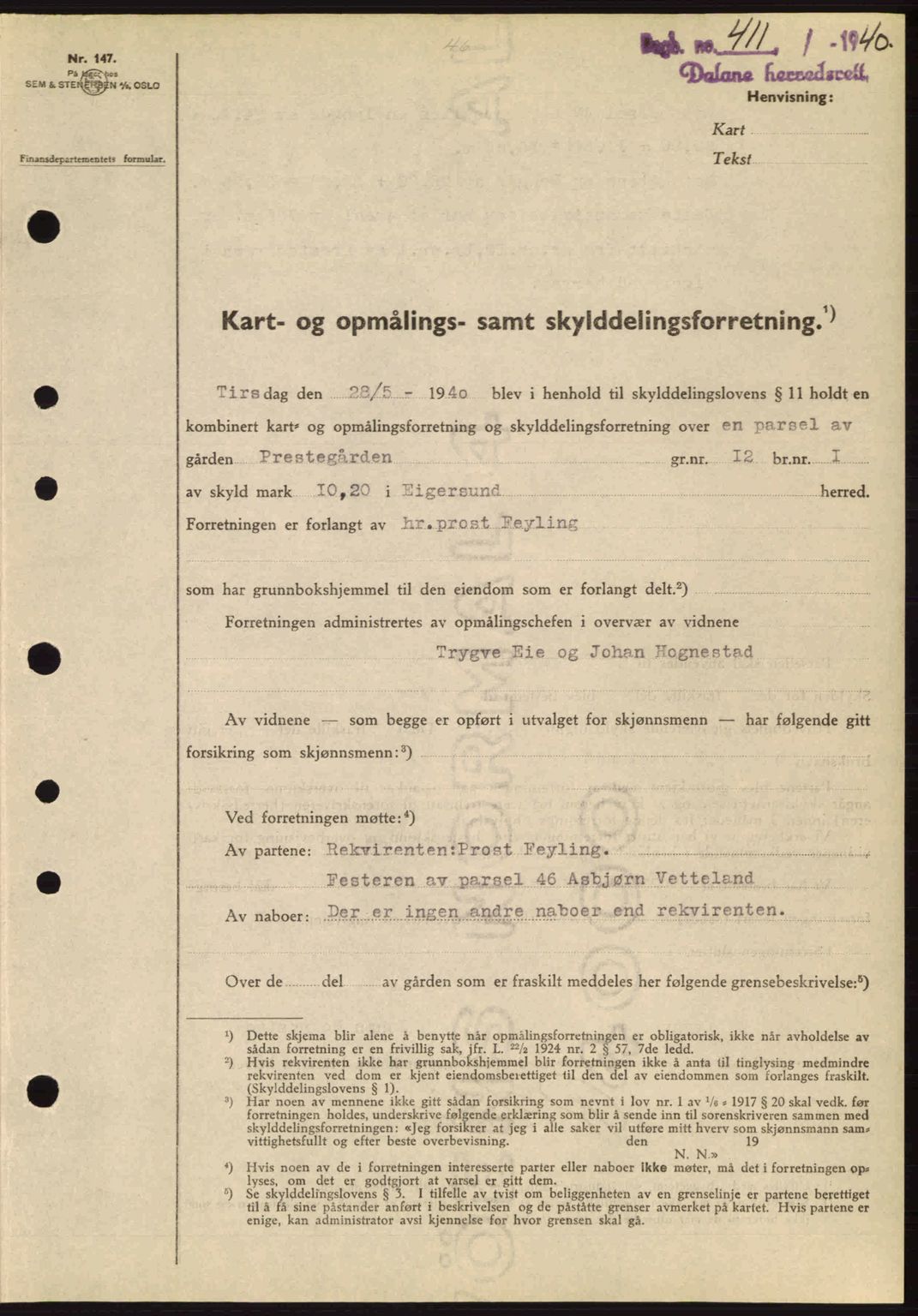 Dalane sorenskriveri, SAST/A-100309/02/G/Gb/L0044: Pantebok nr. A5, 1940-1941, Dagboknr: 411/1940