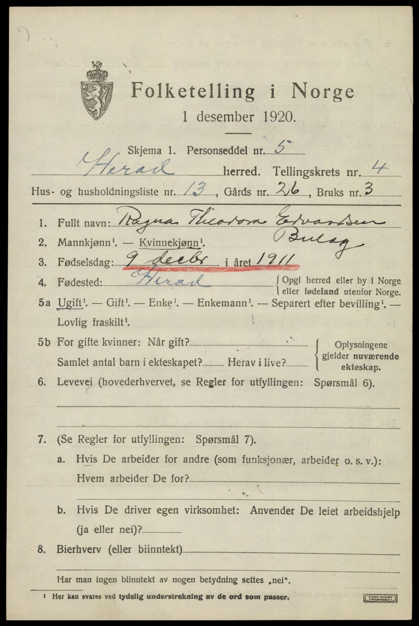 SAK, Folketelling 1920 for 1039 Herad herred, 1920, s. 1886