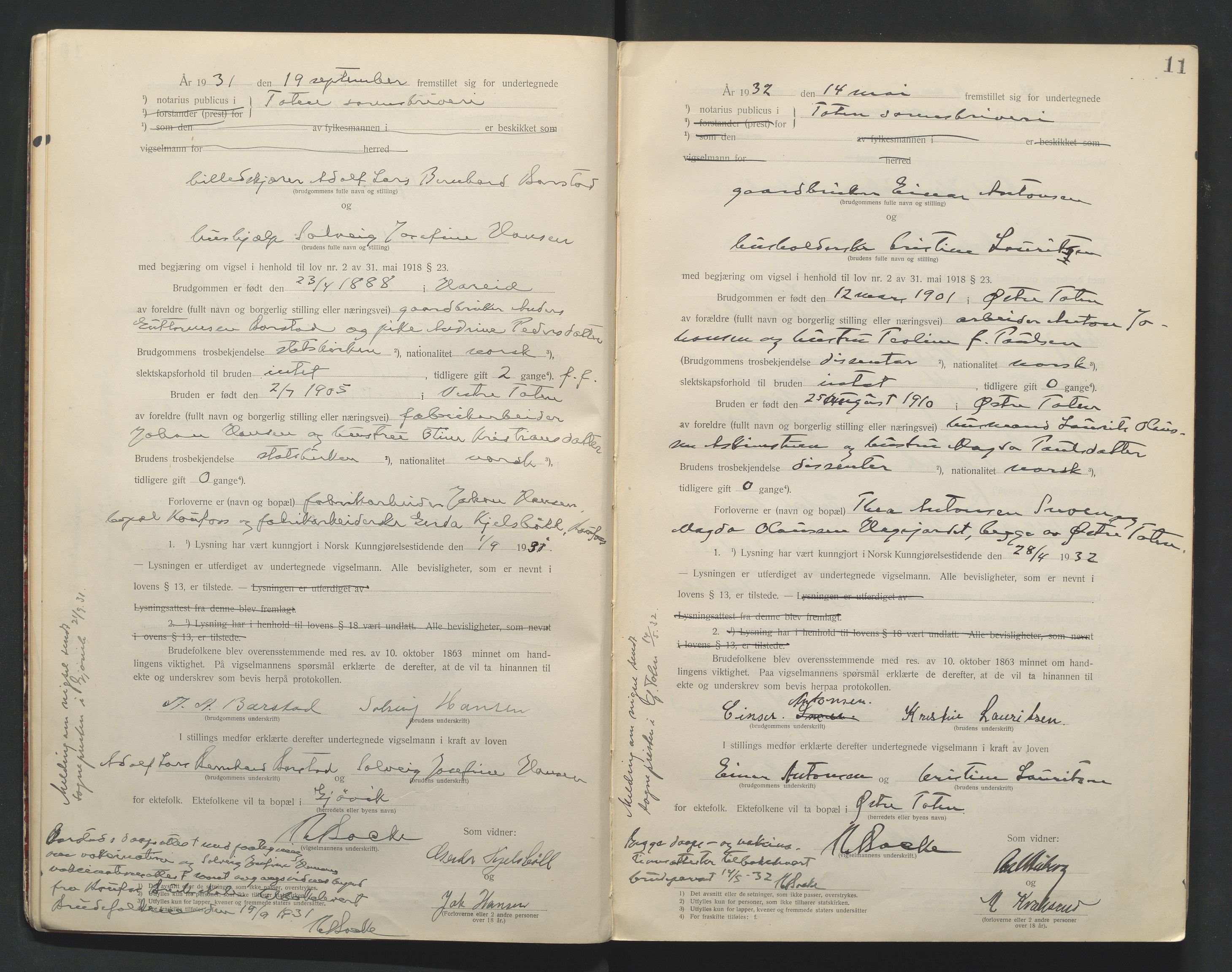 Toten tingrett, AV/SAH-TING-006/L/Lc/L0001: Vigselbok, 1920-1942, s. 11