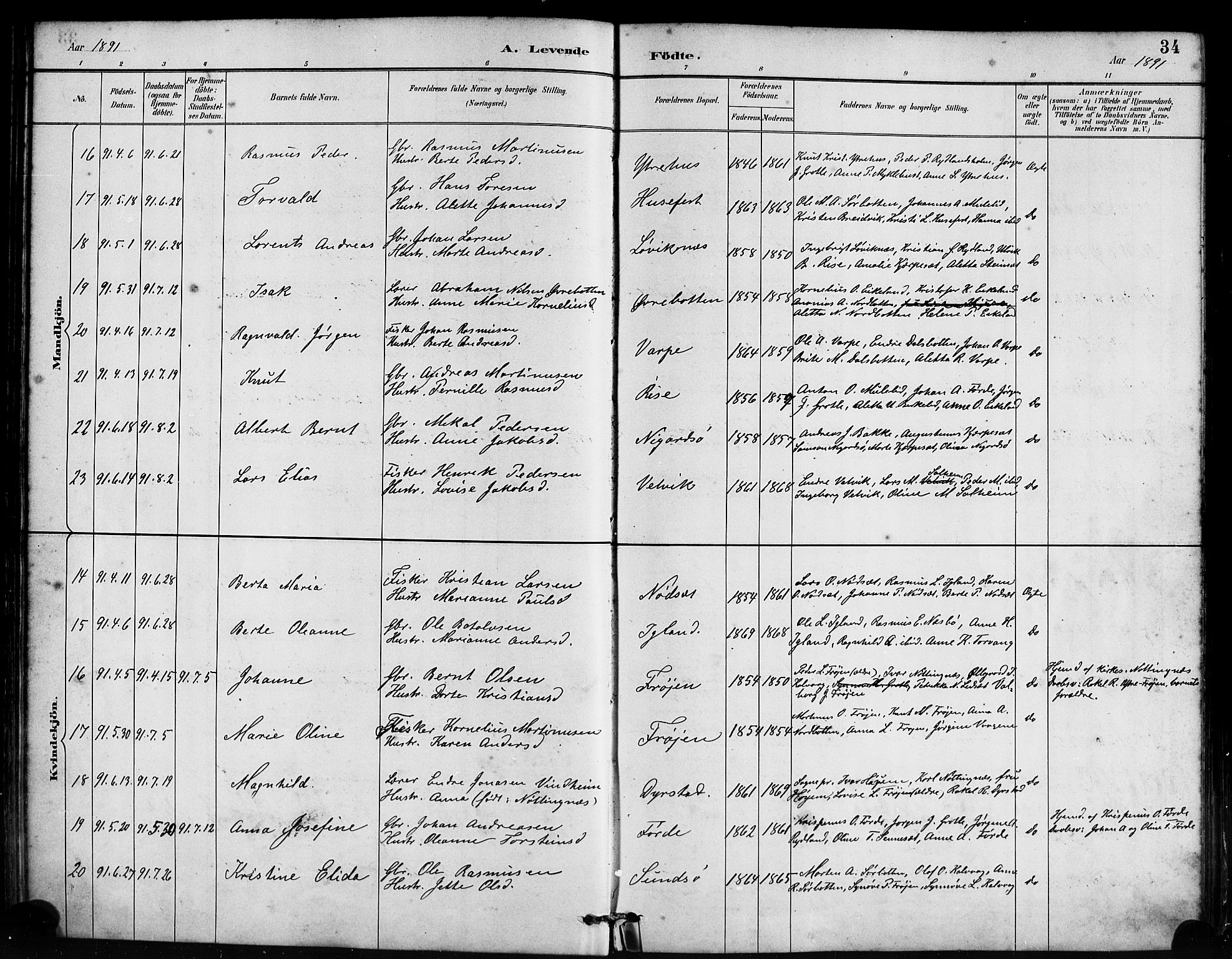 Bremanger sokneprestembete, AV/SAB-A-82201/H/Haa/Haab/L0001: Ministerialbok nr. B 1, 1884-1895, s. 34