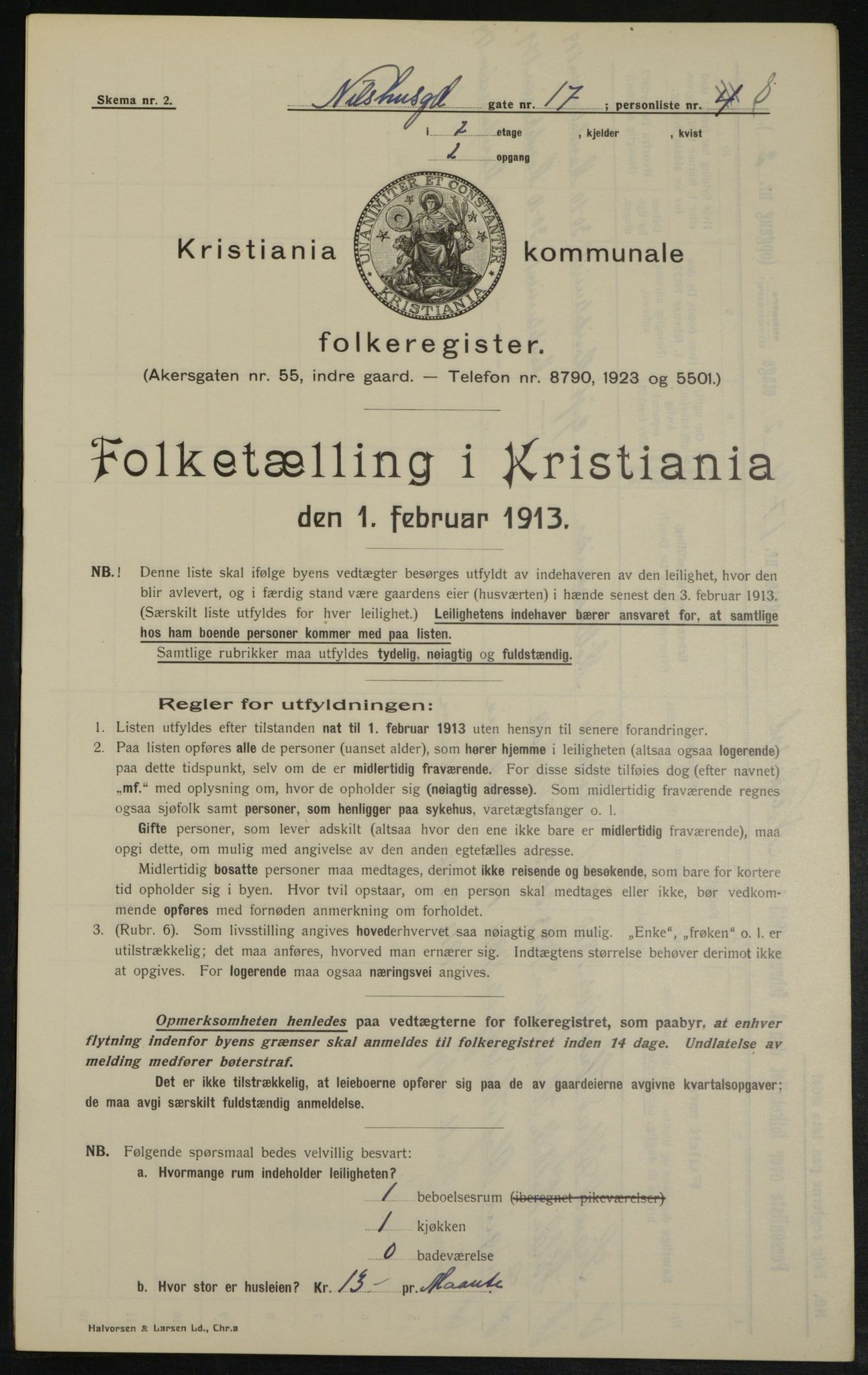 OBA, Kommunal folketelling 1.2.1913 for Kristiania, 1913, s. 71002