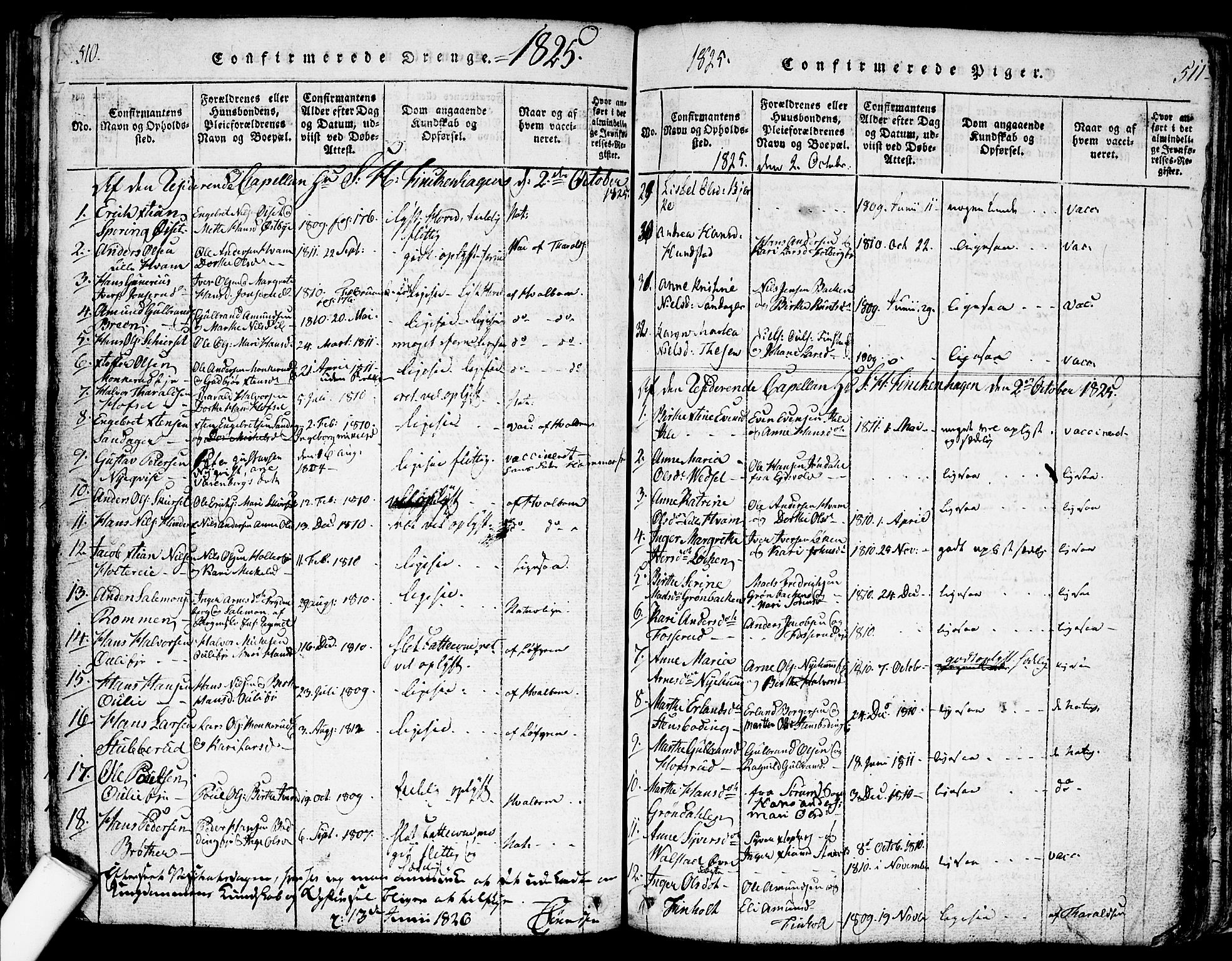 Nes prestekontor Kirkebøker, SAO/A-10410/F/Fa/L0005: Ministerialbok nr. I 5, 1815-1835, s. 510-511