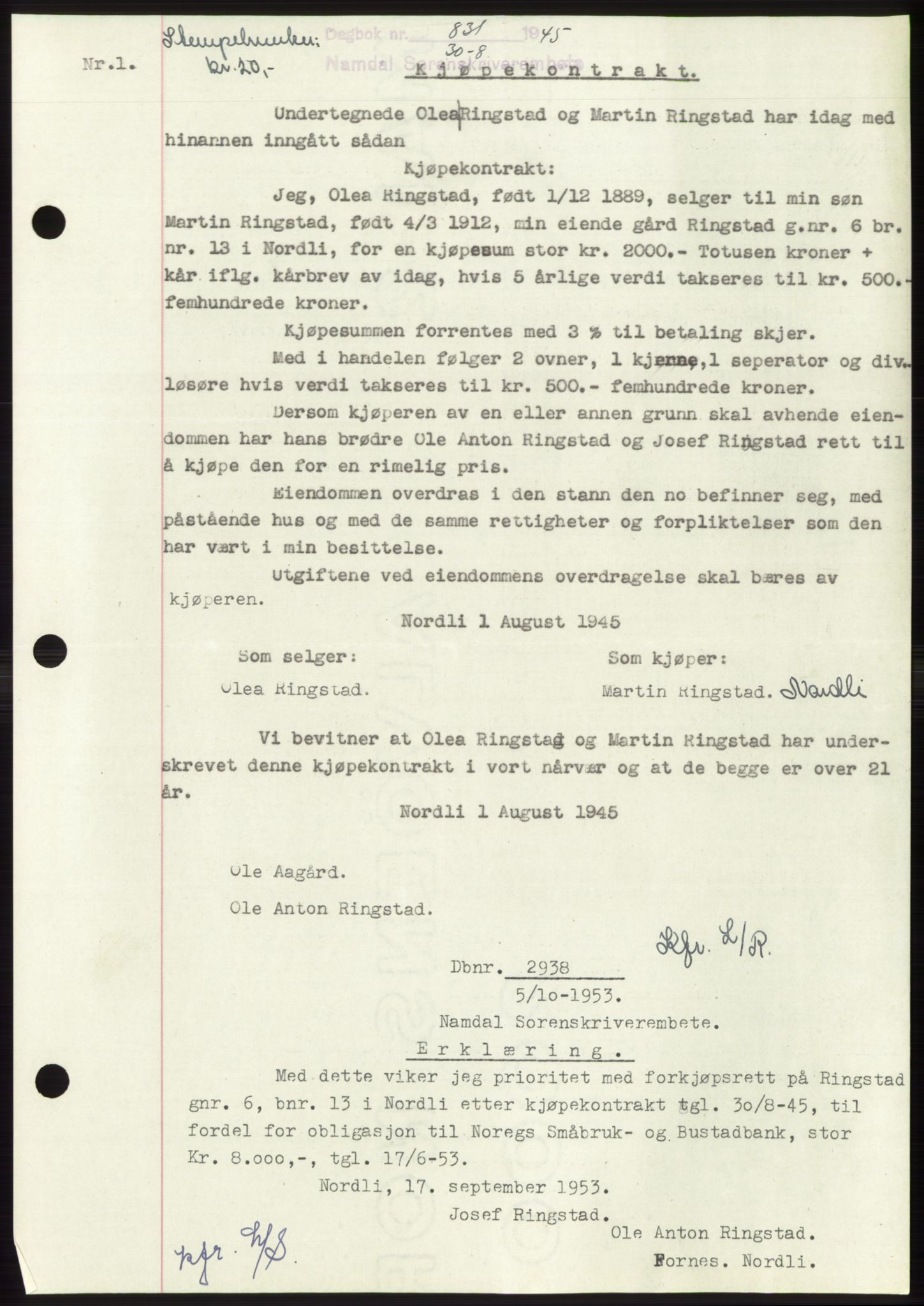 Namdal sorenskriveri, SAT/A-4133/1/2/2C: Pantebok nr. -, 1944-1945, Dagboknr: 831/1945