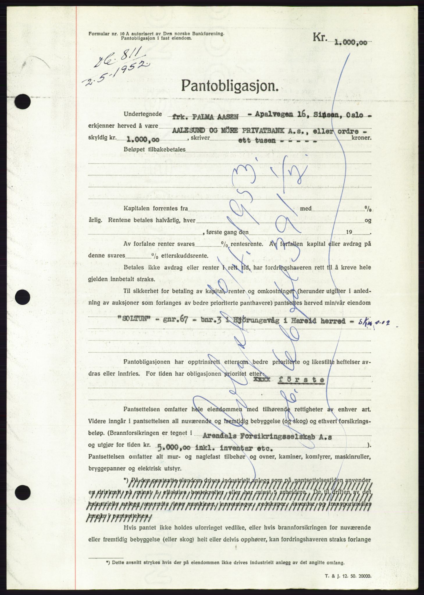 Søre Sunnmøre sorenskriveri, AV/SAT-A-4122/1/2/2C/L0121: Pantebok nr. 9B, 1951-1952, Dagboknr: 811/1952