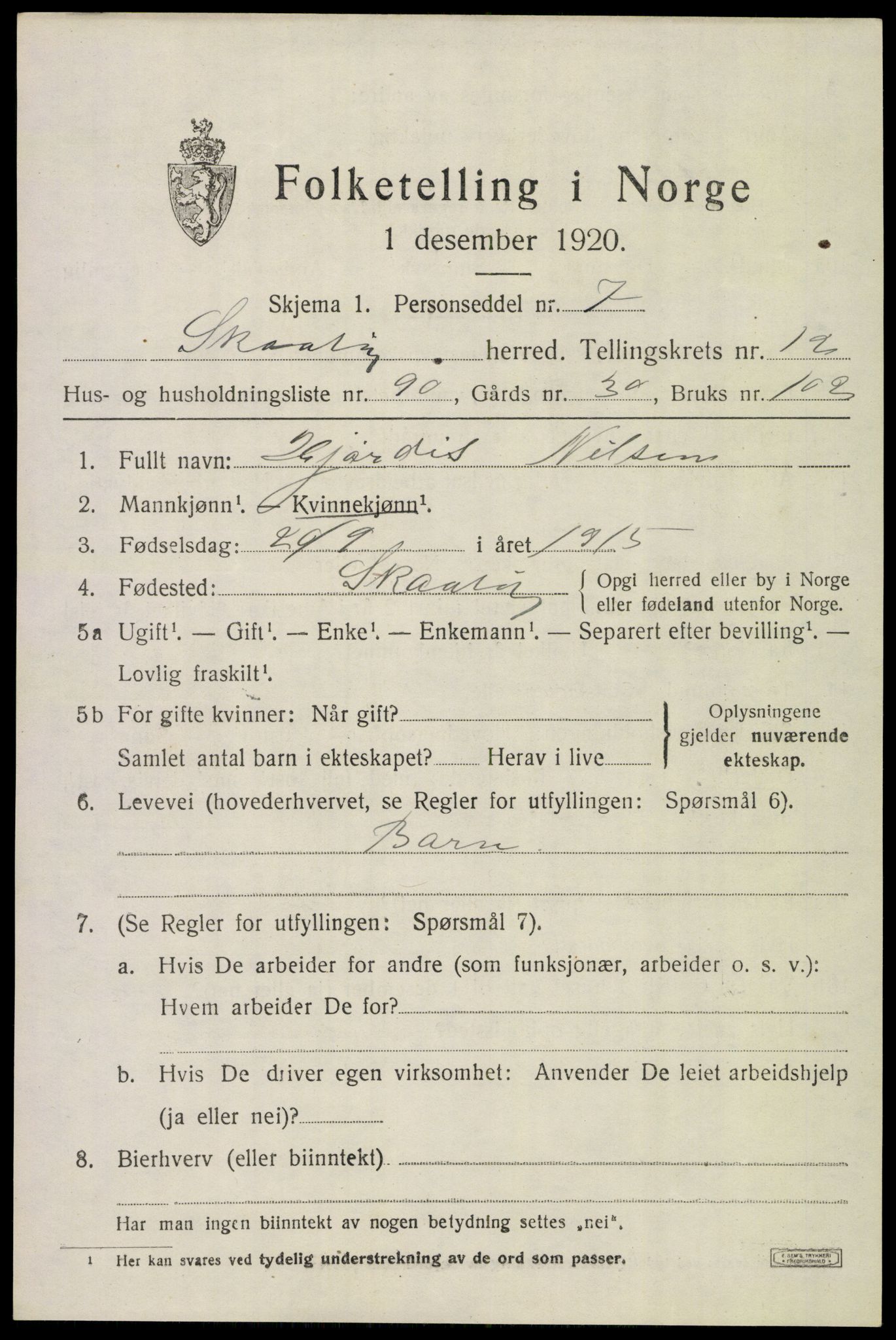 SAKO, Folketelling 1920 for 0815 Skåtøy herred, 1920, s. 9036