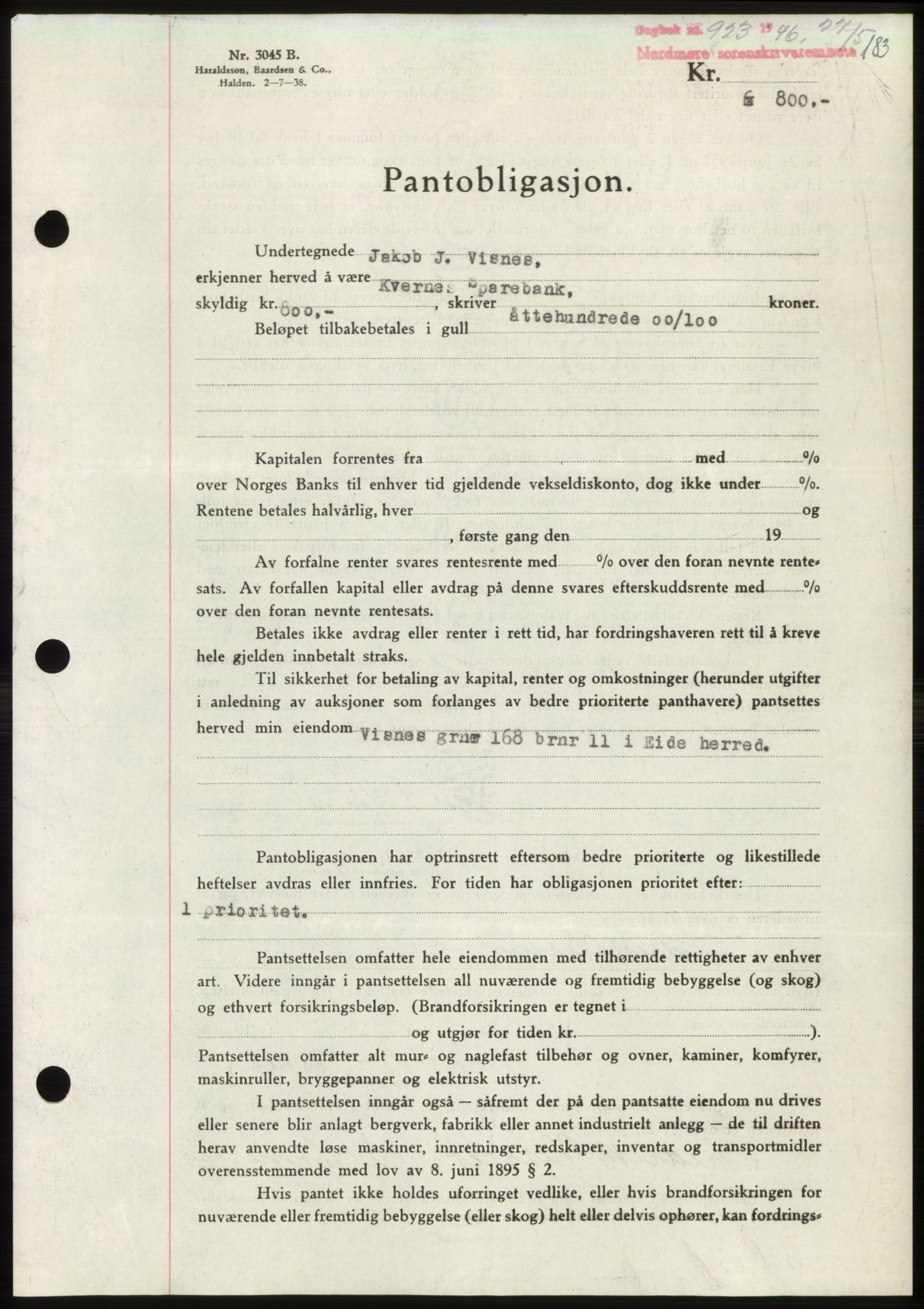 Nordmøre sorenskriveri, SAT/A-4132/1/2/2Ca: Pantebok nr. B94, 1946-1946, Dagboknr: 923/1946