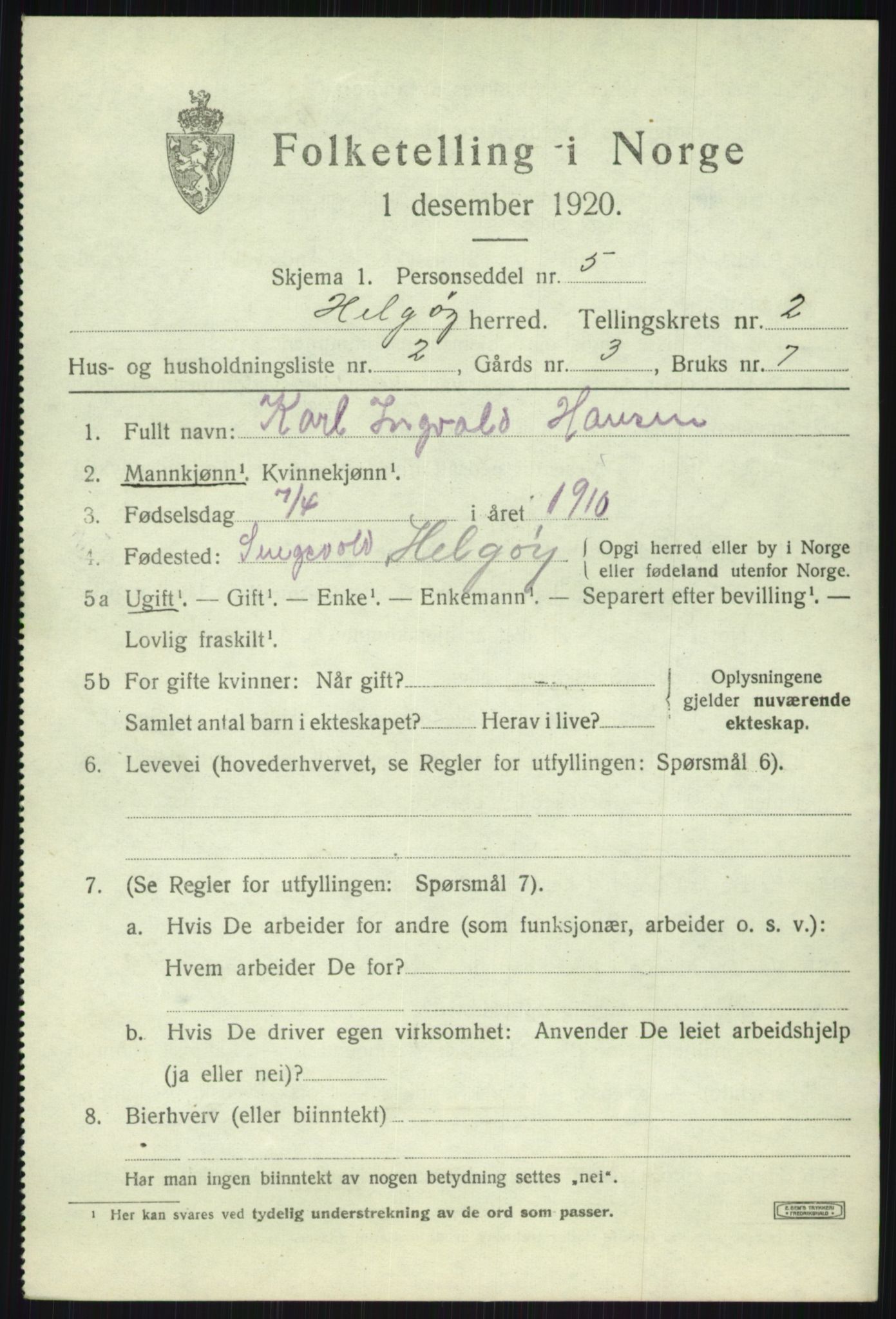 SATØ, Folketelling 1920 for 1935 Helgøy herred, 1920, s. 1153