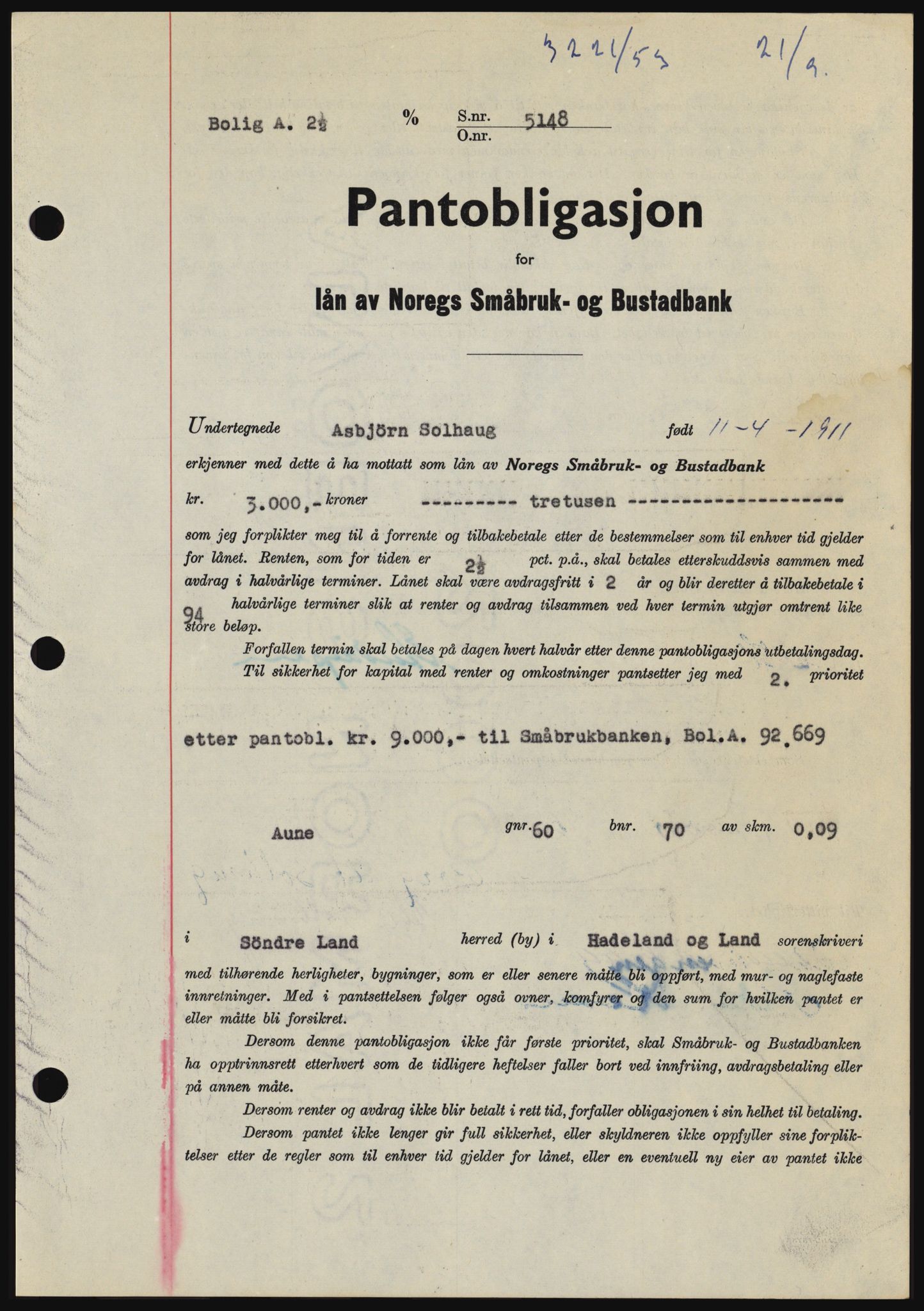 Hadeland og Land tingrett, AV/SAH-TING-010/H/Hb/Hbc/L0028: Pantebok nr. B28, 1953-1954, Dagboknr: 3221/1953