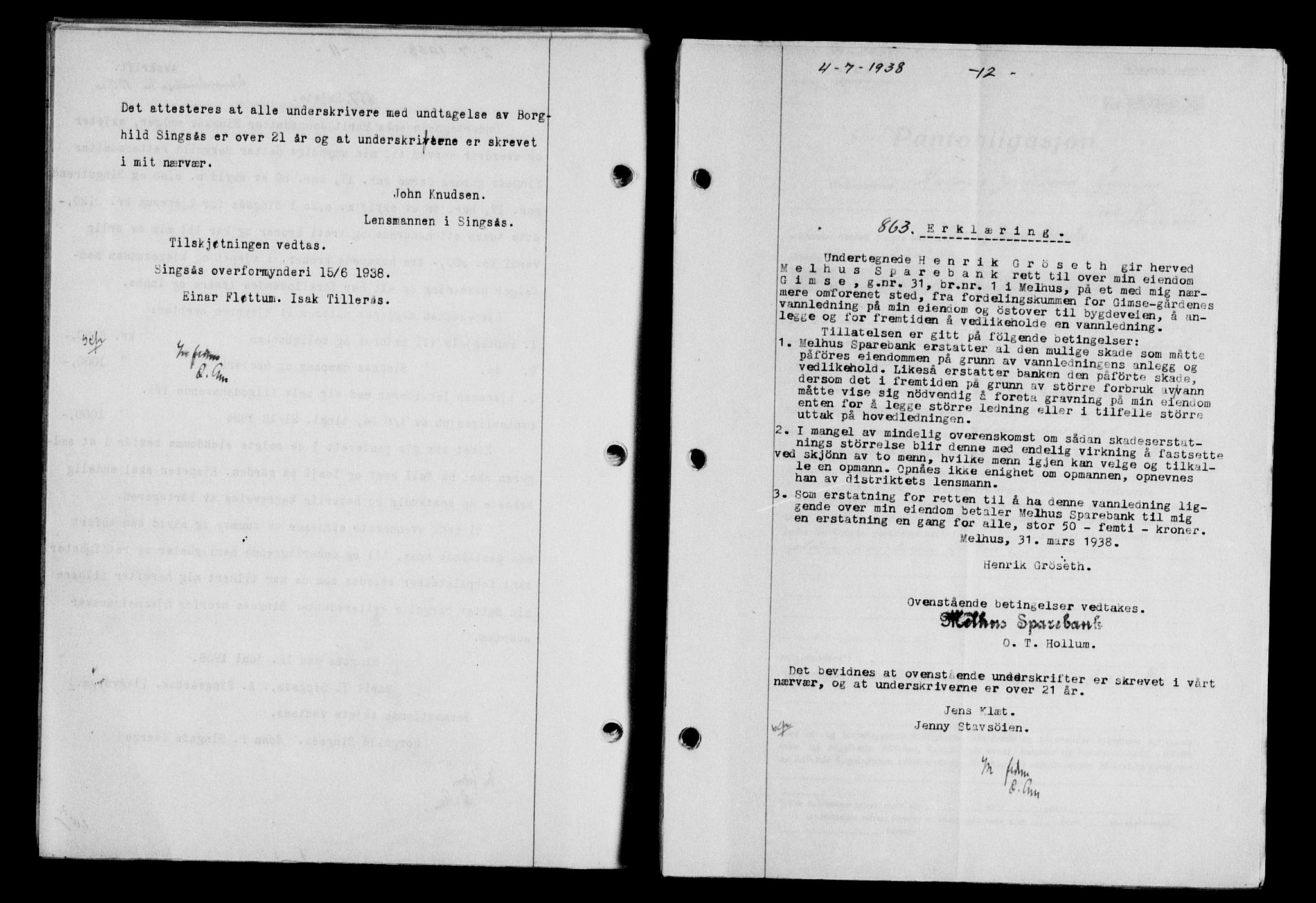 Gauldal sorenskriveri, SAT/A-0014/1/2/2C/L0049: Pantebok nr. 53, 1938-1938, Dagboknr: 863/1938