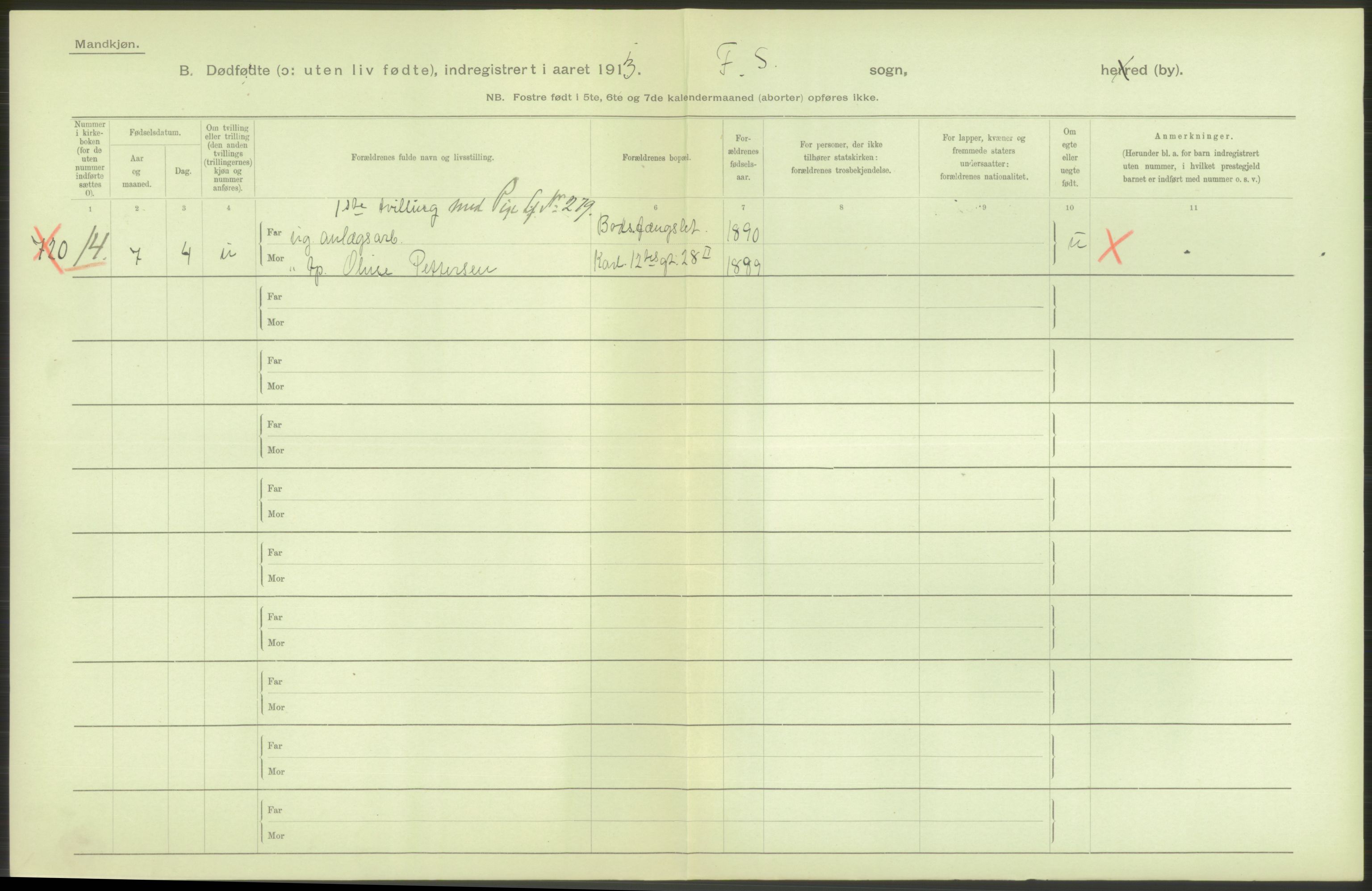 Statistisk sentralbyrå, Sosiodemografiske emner, Befolkning, AV/RA-S-2228/D/Df/Dfb/Dfbc/L0010: Kristiania: Døde, dødfødte., 1913, s. 14
