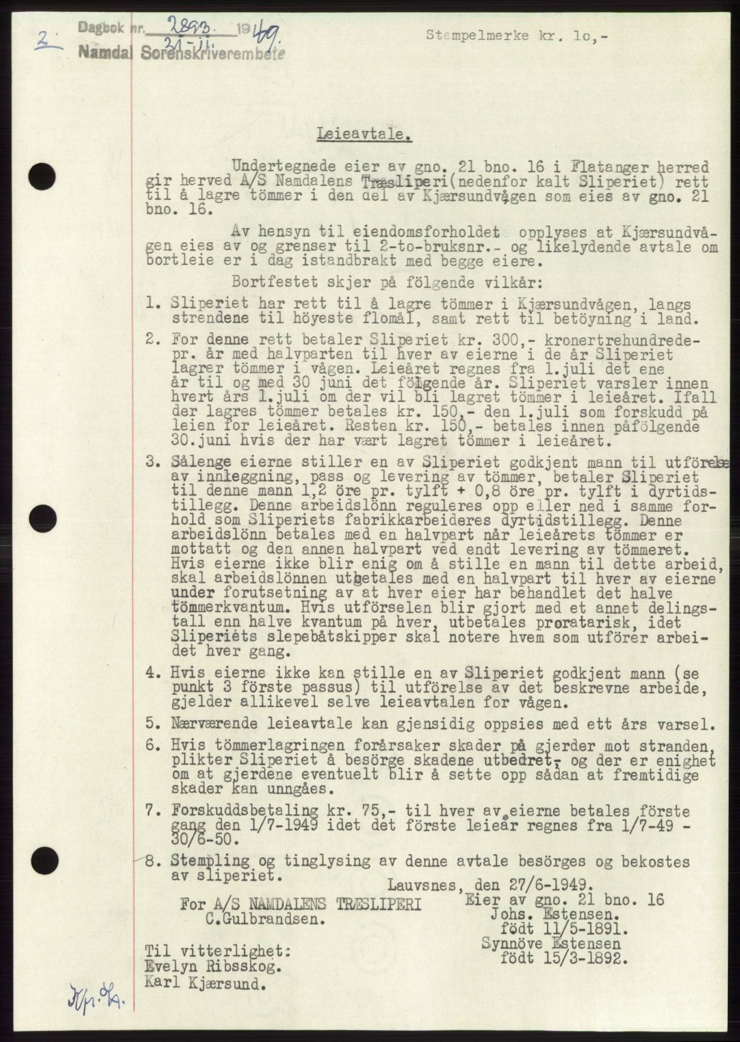 Namdal sorenskriveri, SAT/A-4133/1/2/2C: Pantebok nr. -, 1949-1949, Dagboknr: 2893/1949