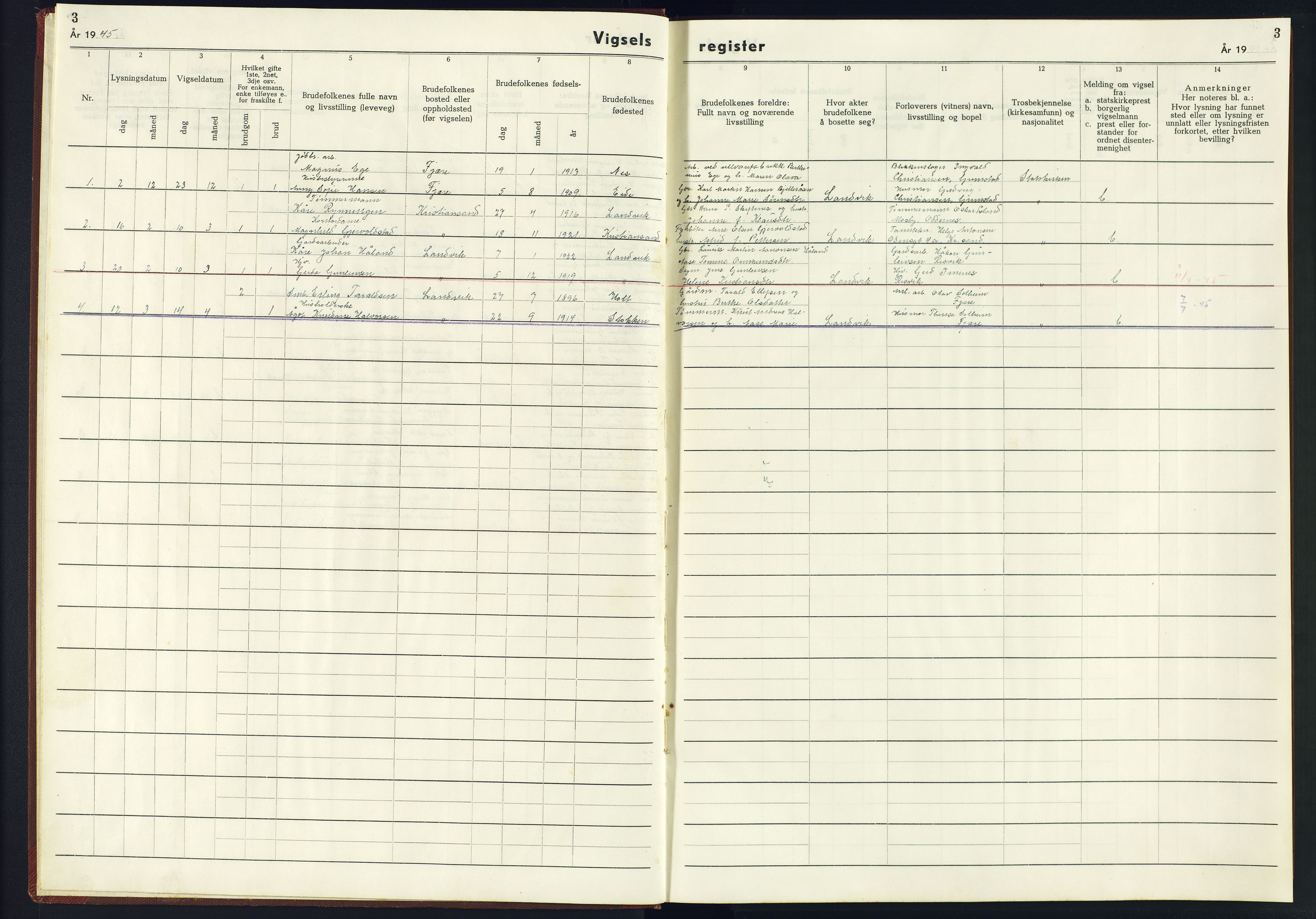 Hommedal sokneprestkontor, SAK/1111-0023/J/Jf/L0003: Vigselsregister nr. 3, 1943-1945, s. 3