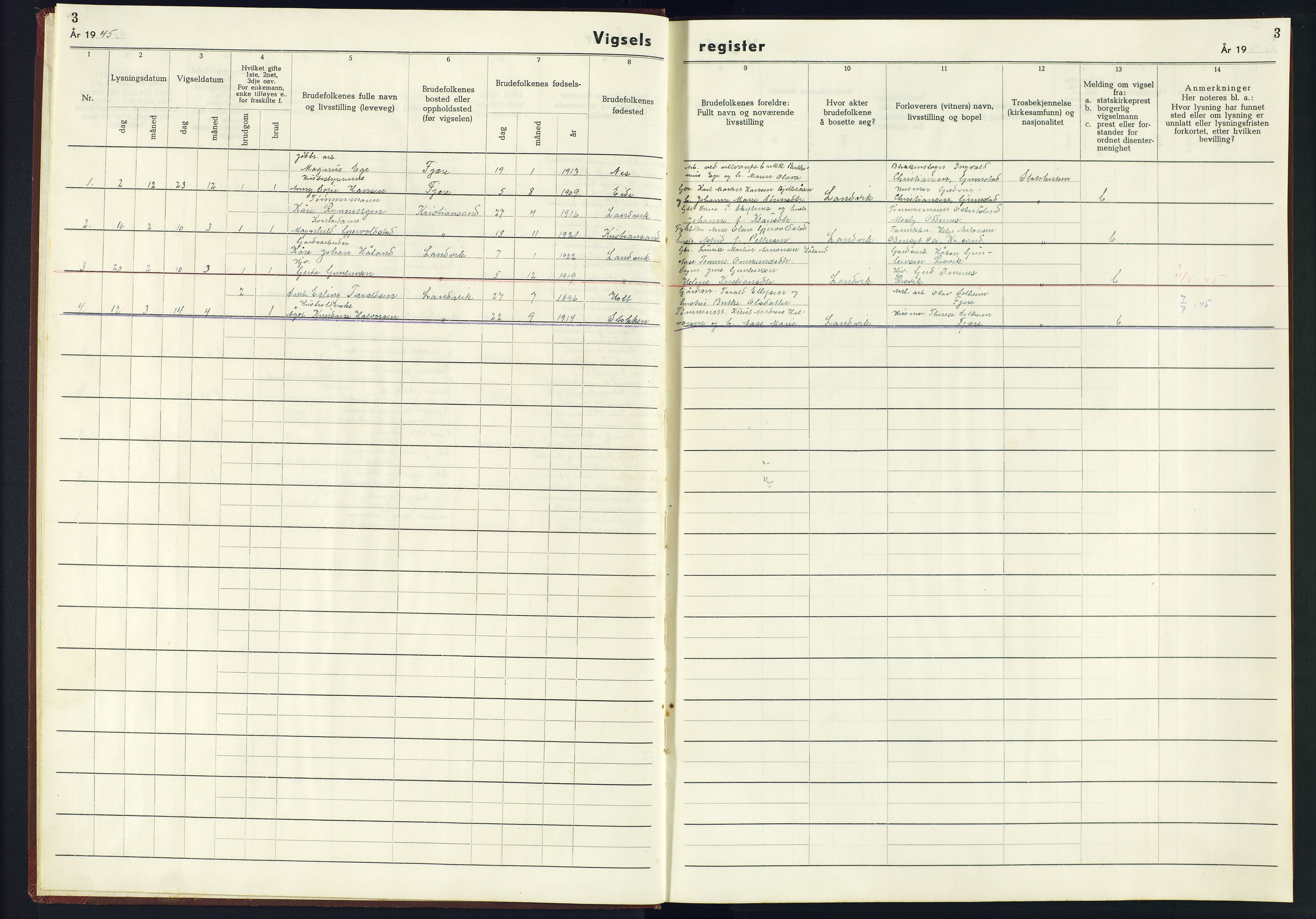 Hommedal sokneprestkontor, AV/SAK-1111-0023/J/Jf/L0003: Vigselsregister nr. 3, 1943-1945, s. 3