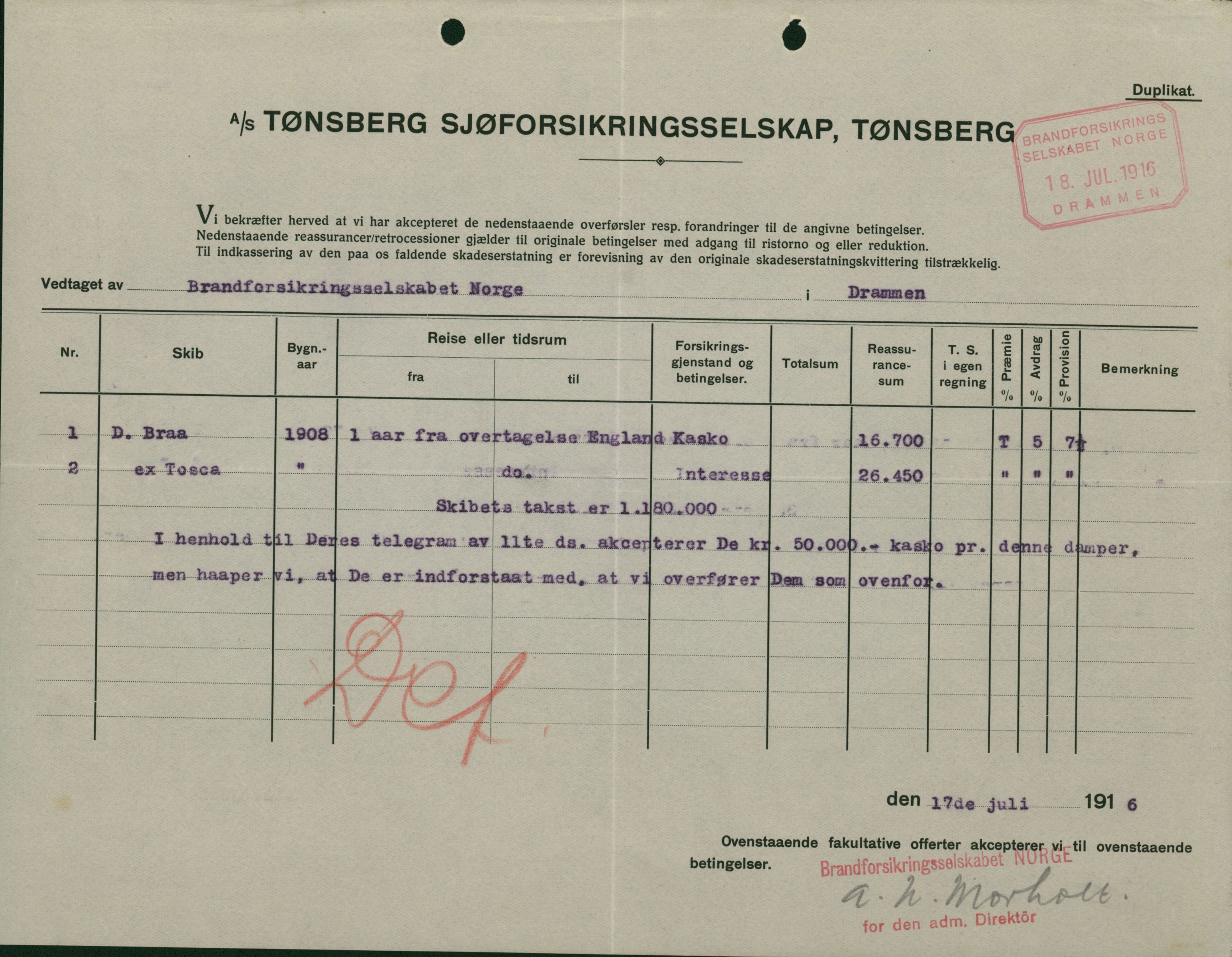 Pa 664 - Tønsberg Sjøforsikringsselskap, VEMU/A-1773/F/L0001: Forsikringspoliser, 1915-1918