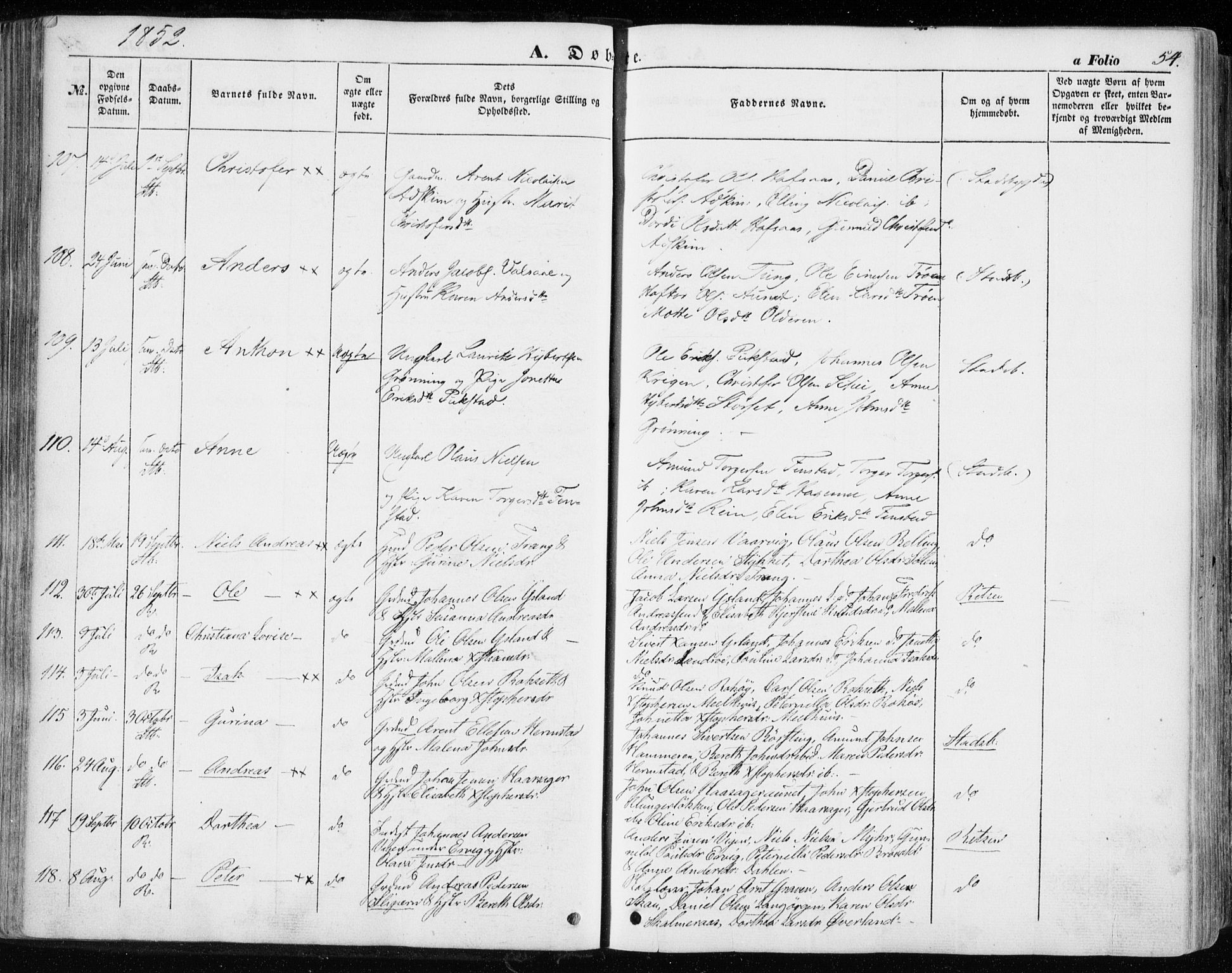 Ministerialprotokoller, klokkerbøker og fødselsregistre - Sør-Trøndelag, SAT/A-1456/646/L0611: Ministerialbok nr. 646A09, 1848-1857, s. 54