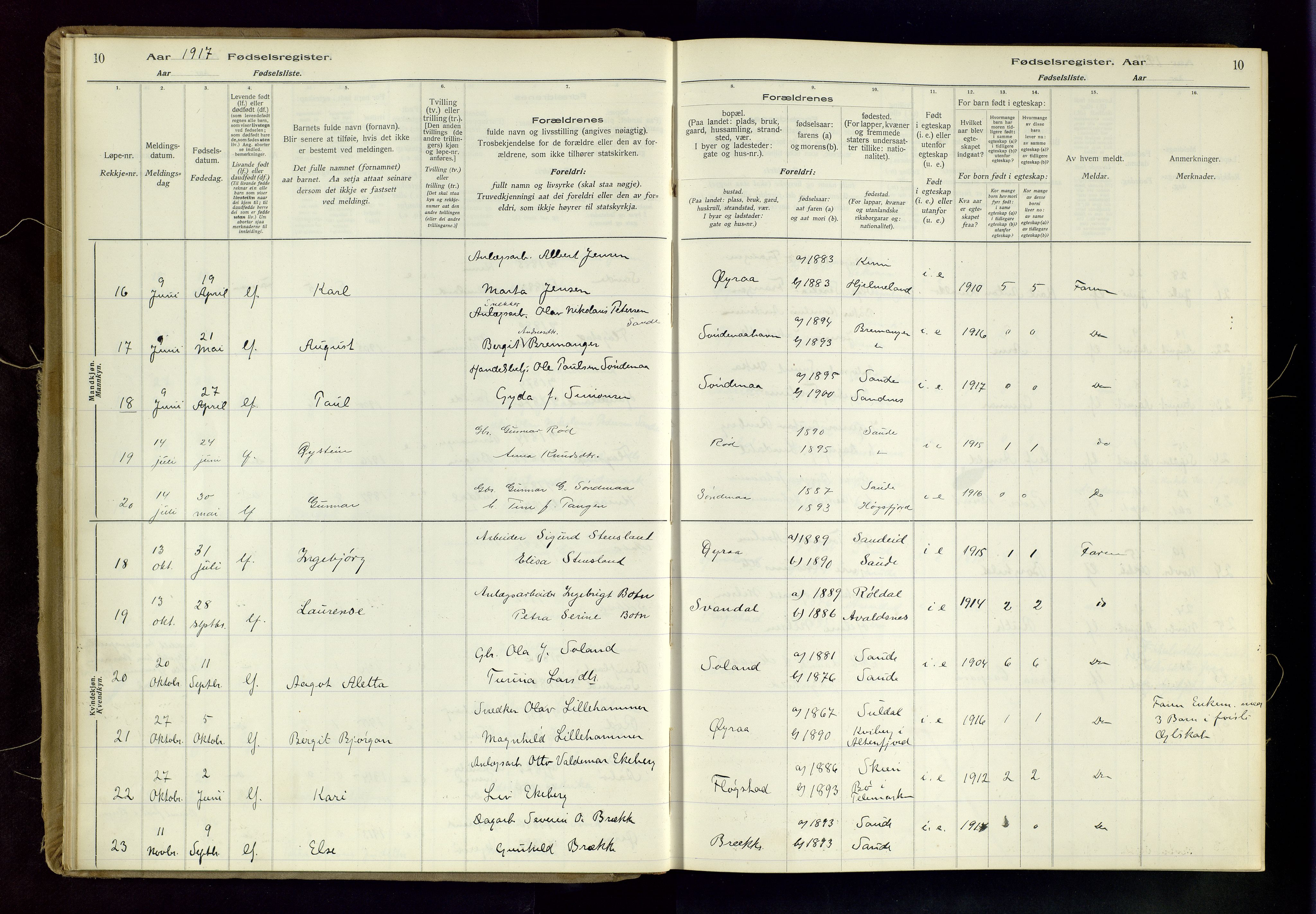 Sand sokneprestkontor, AV/SAST-A-101848/03/C/L0003: Fødselsregister nr. 3, 1916-1936, s. 10