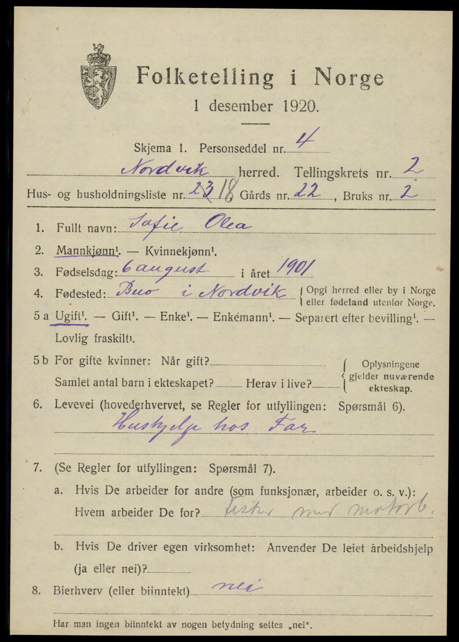 SAT, Folketelling 1920 for 1819 Nordvik herred, 1920, s. 1280