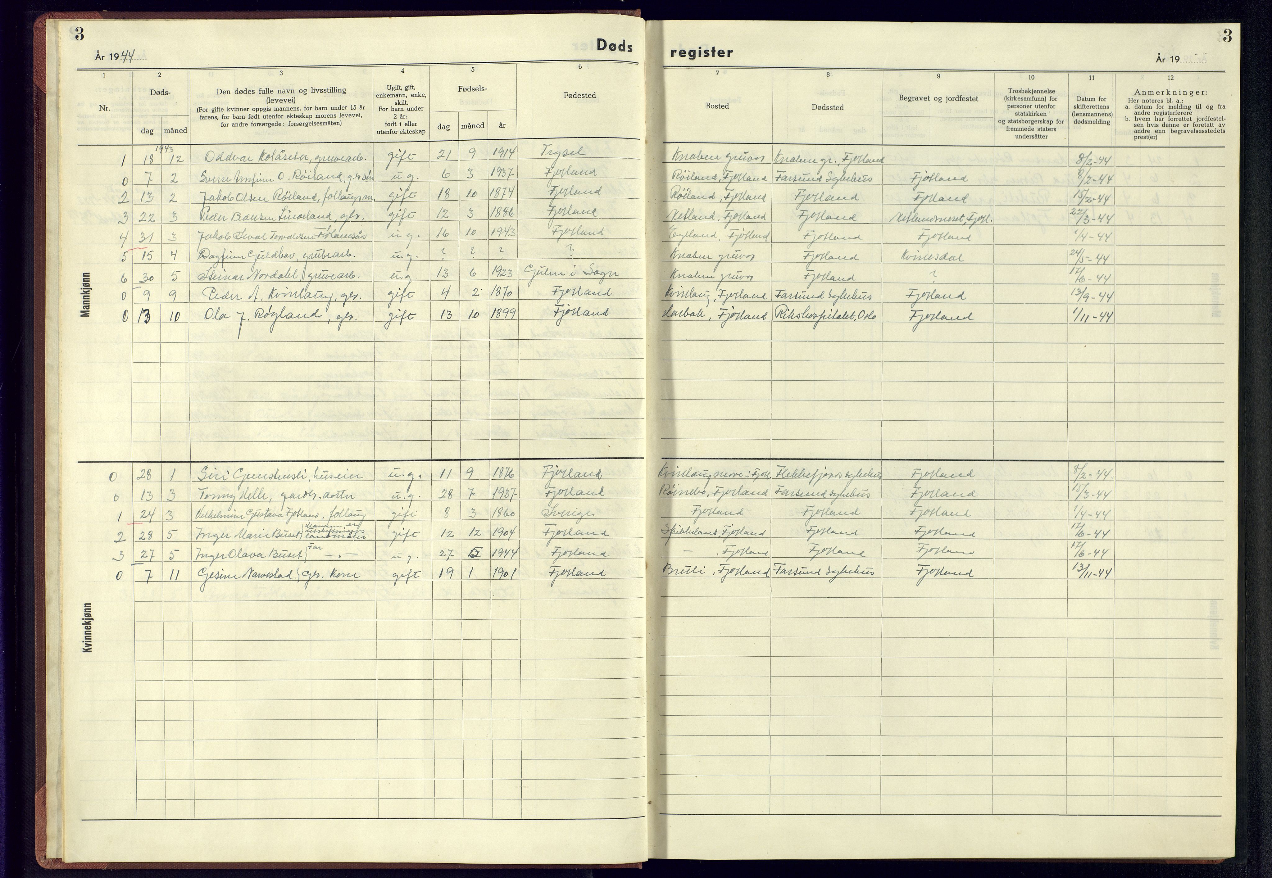 Fjotland sokneprestkontor, AV/SAK-1111-0010/J/Jb/L0003: Dødsfallsregister, 1942-1945, s. 3