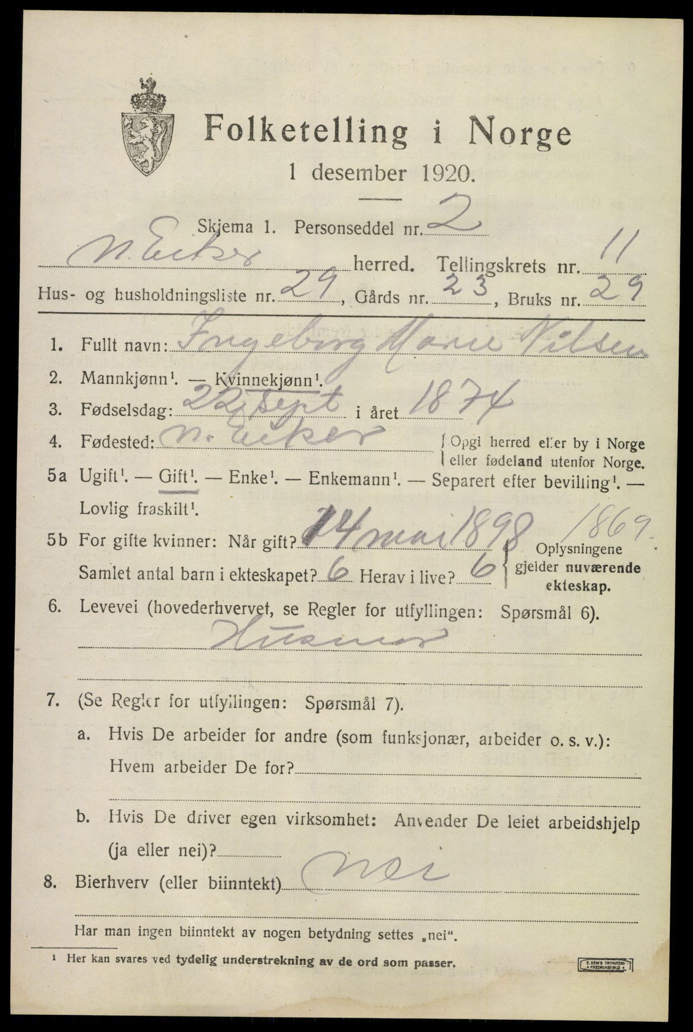 SAKO, Folketelling 1920 for 0625 Nedre Eiker herred, 1920, s. 11447