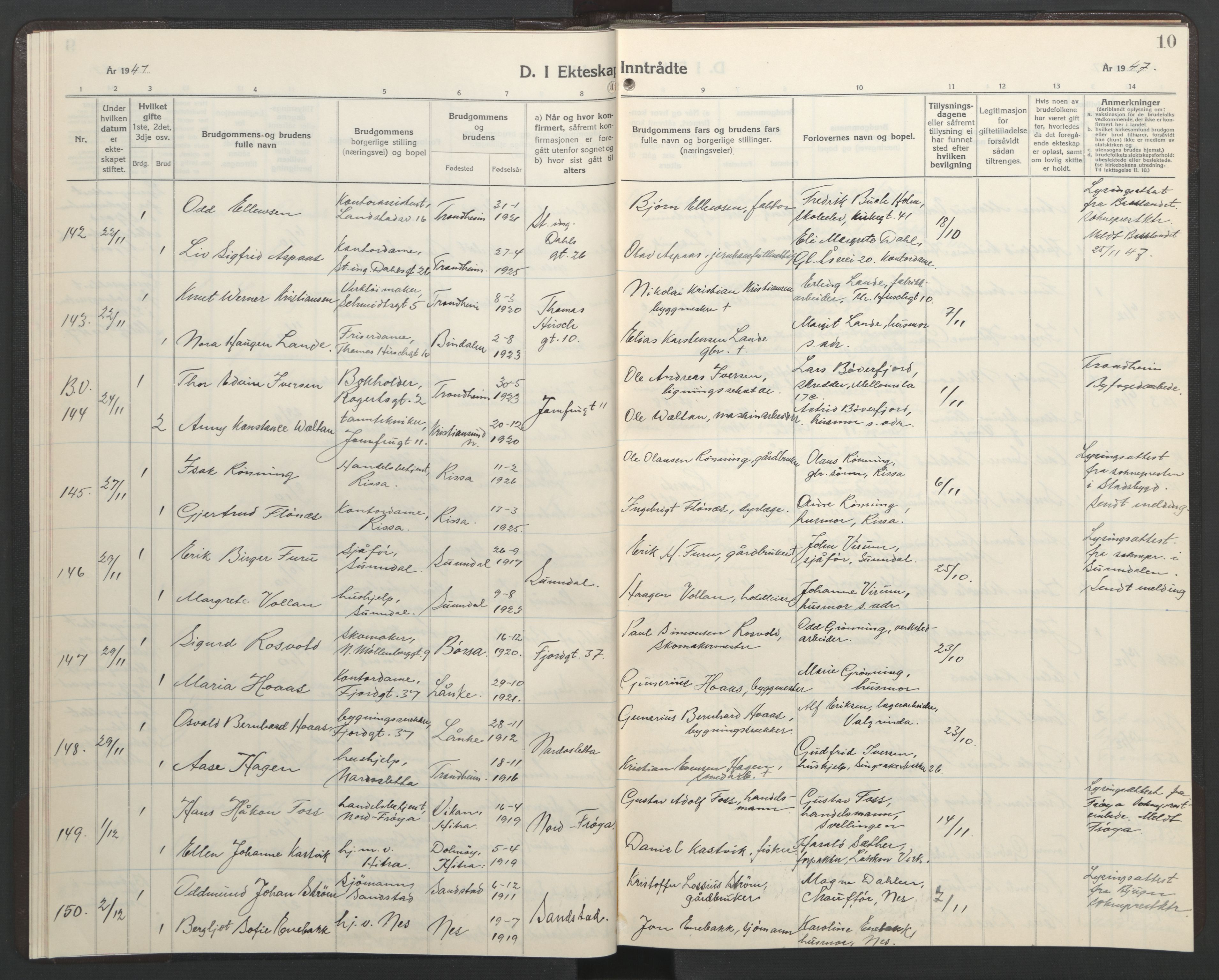 Ministerialprotokoller, klokkerbøker og fødselsregistre - Sør-Trøndelag, AV/SAT-A-1456/602/L0155: Klokkerbok nr. 602C23, 1947-1950, s. 10