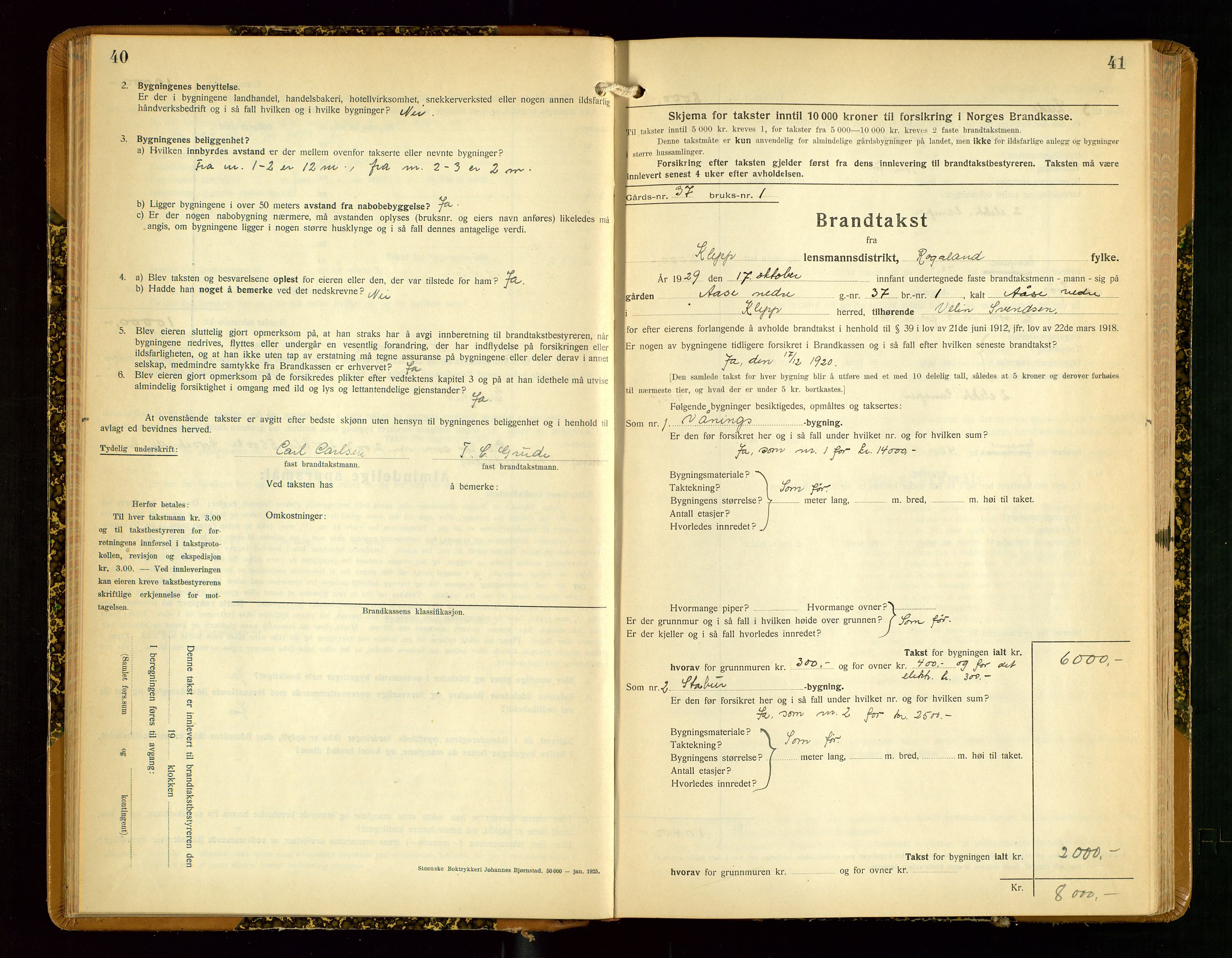 Klepp lensmannskontor, AV/SAST-A-100163/Goc/L0012: "Brandtakstprotokoll" m/register, 1929-1933, s. 40-41