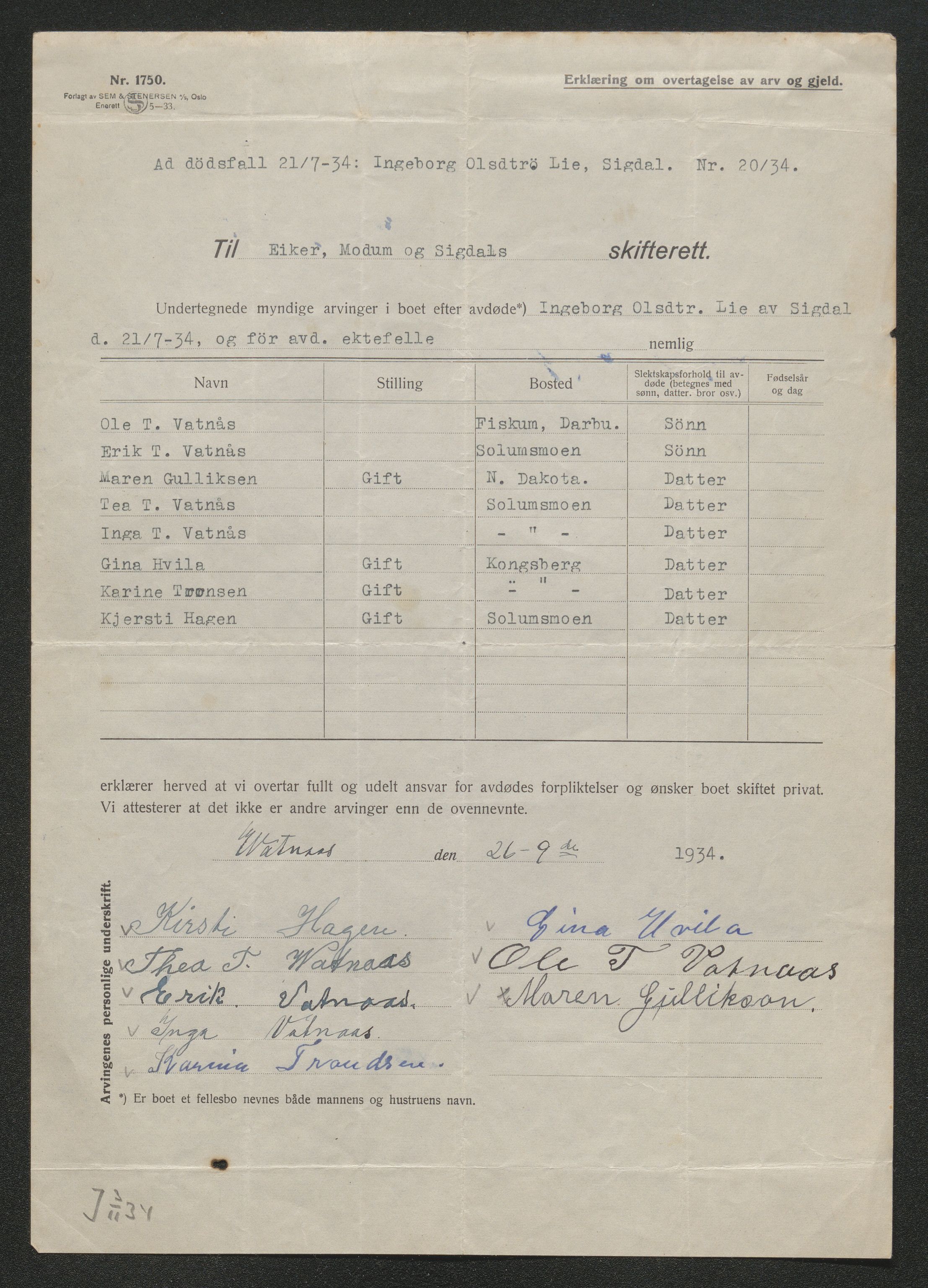 Eiker, Modum og Sigdal sorenskriveri, AV/SAKO-A-123/H/Ha/Hab/L0049: Dødsfallsmeldinger, 1934, s. 656