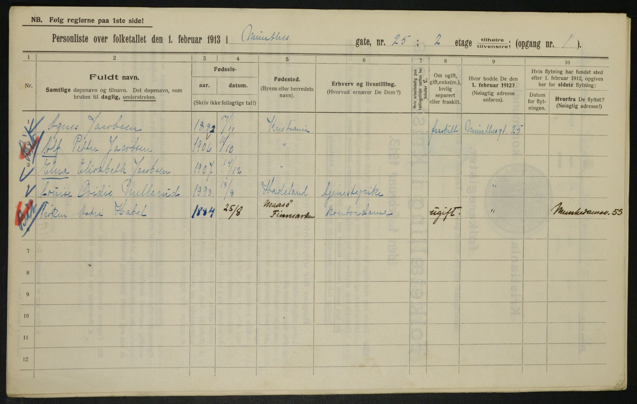 OBA, Kommunal folketelling 1.2.1913 for Kristiania, 1913, s. 68063