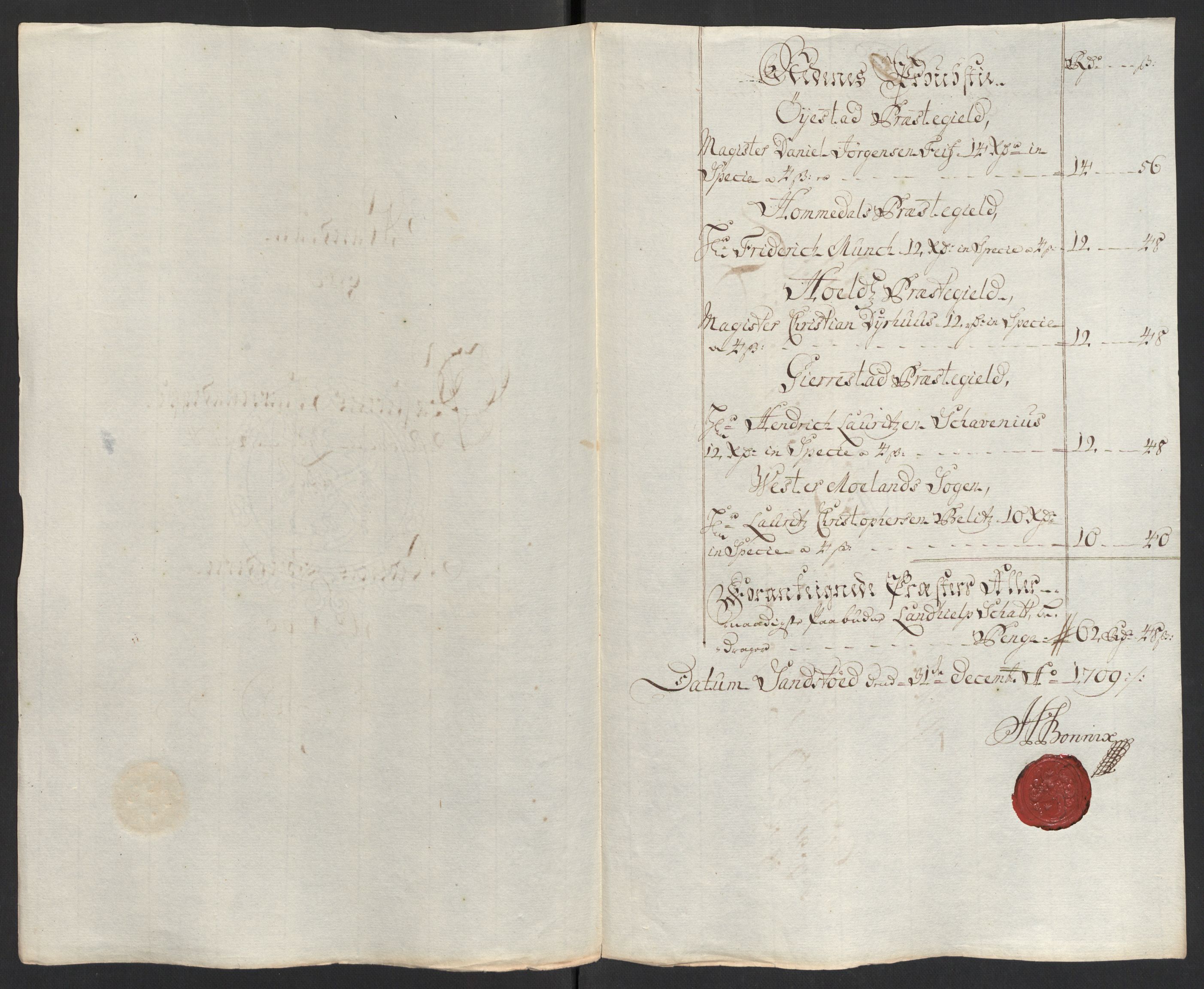 Rentekammeret inntil 1814, Reviderte regnskaper, Fogderegnskap, AV/RA-EA-4092/R39/L2318: Fogderegnskap Nedenes, 1706-1709, s. 470