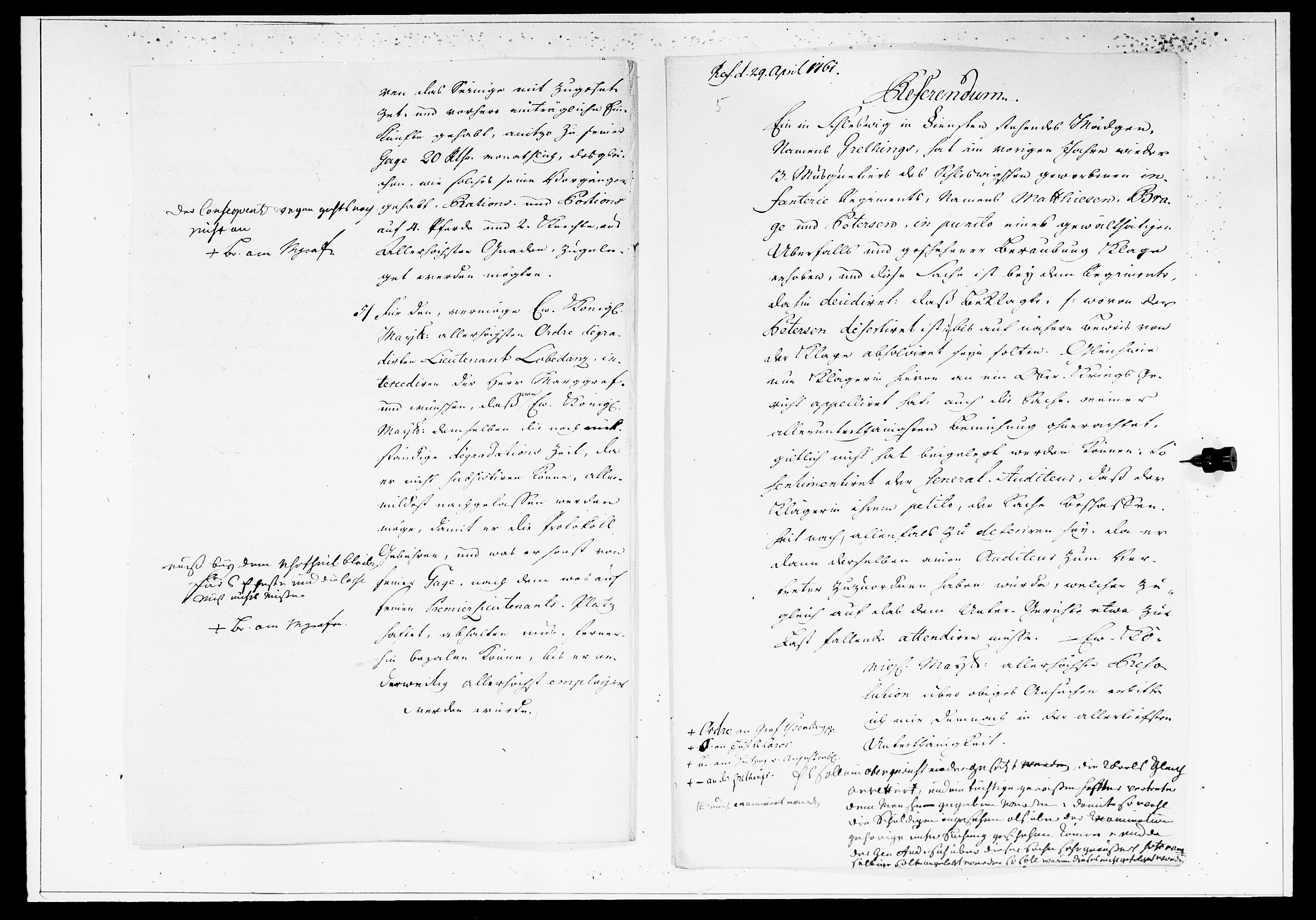 Krigskollegiet, Krigskancelliet, DRA/A-0006/-/1360-1385: Refererede sager, 1761, s. 327