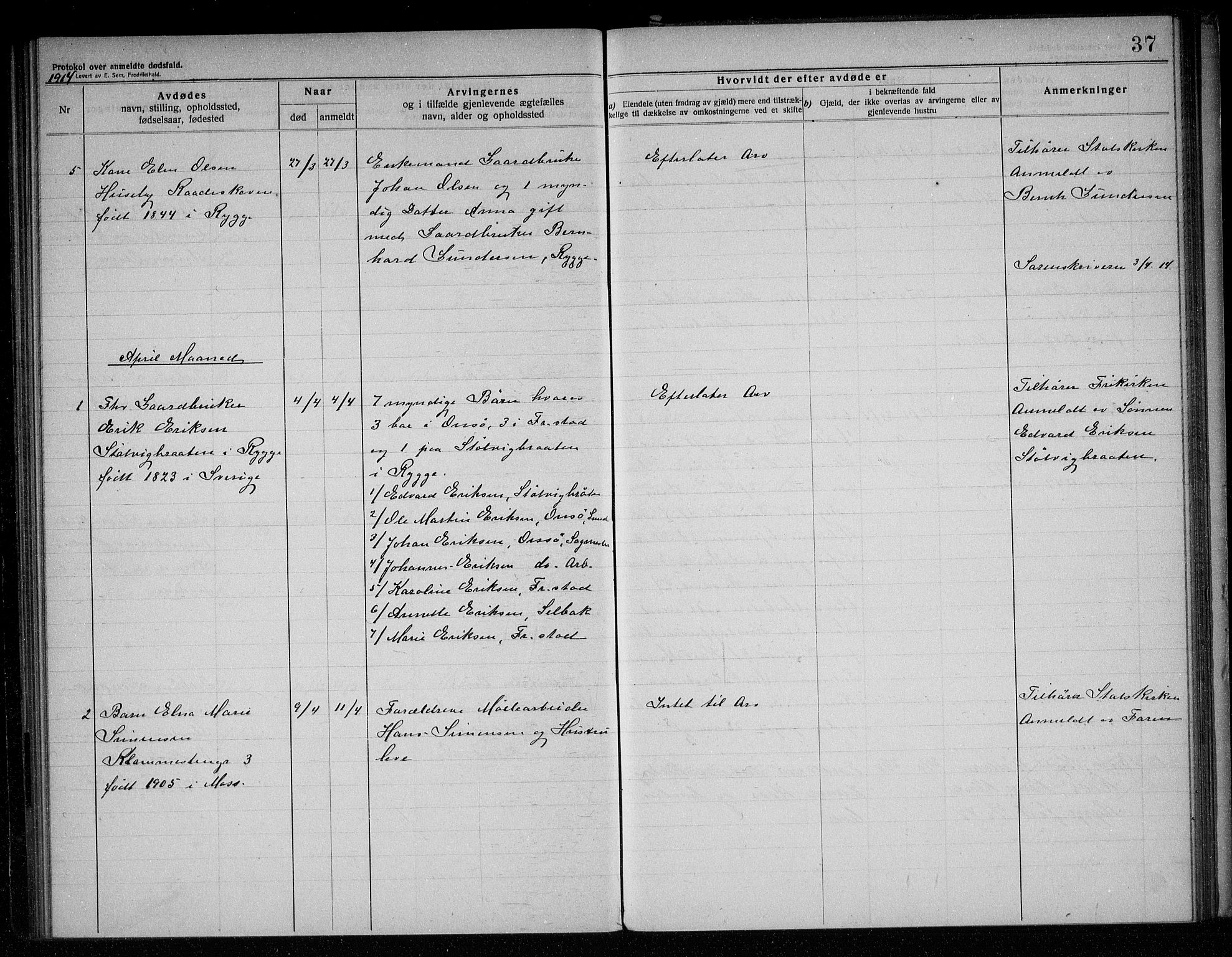 Rygge lensmannskontor, AV/SAO-A-10005/H/Ha/Haa/L0005: Dødsfallsprotokoll, 1912-1916, s. 37