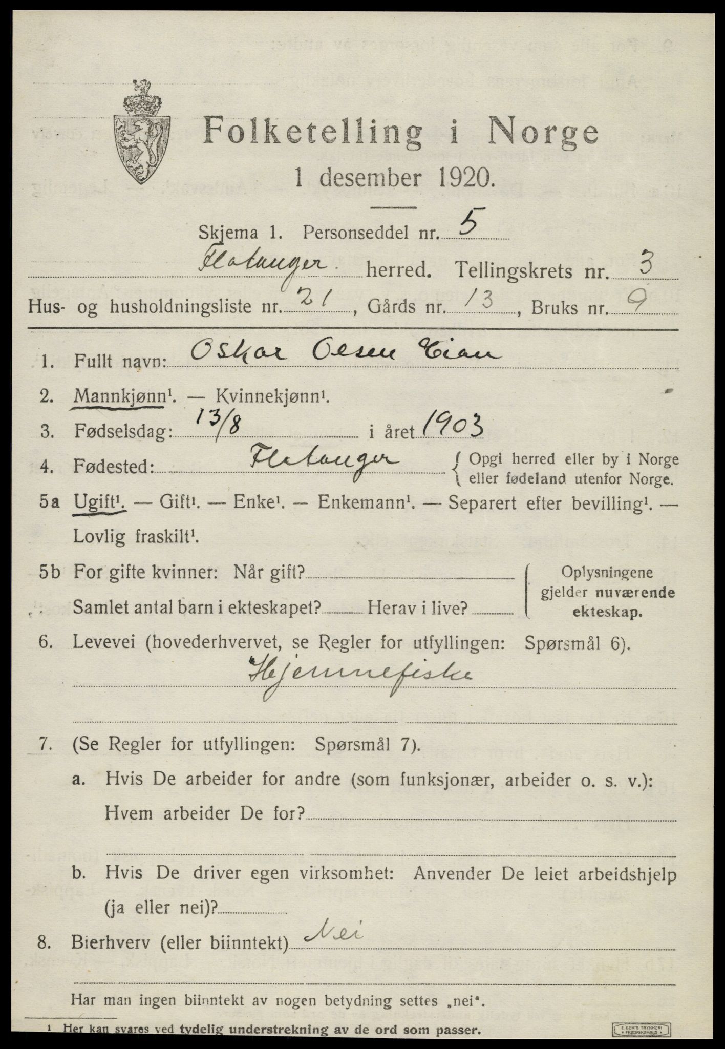 SAT, Folketelling 1920 for 1749 Flatanger herred, 1920, s. 1754