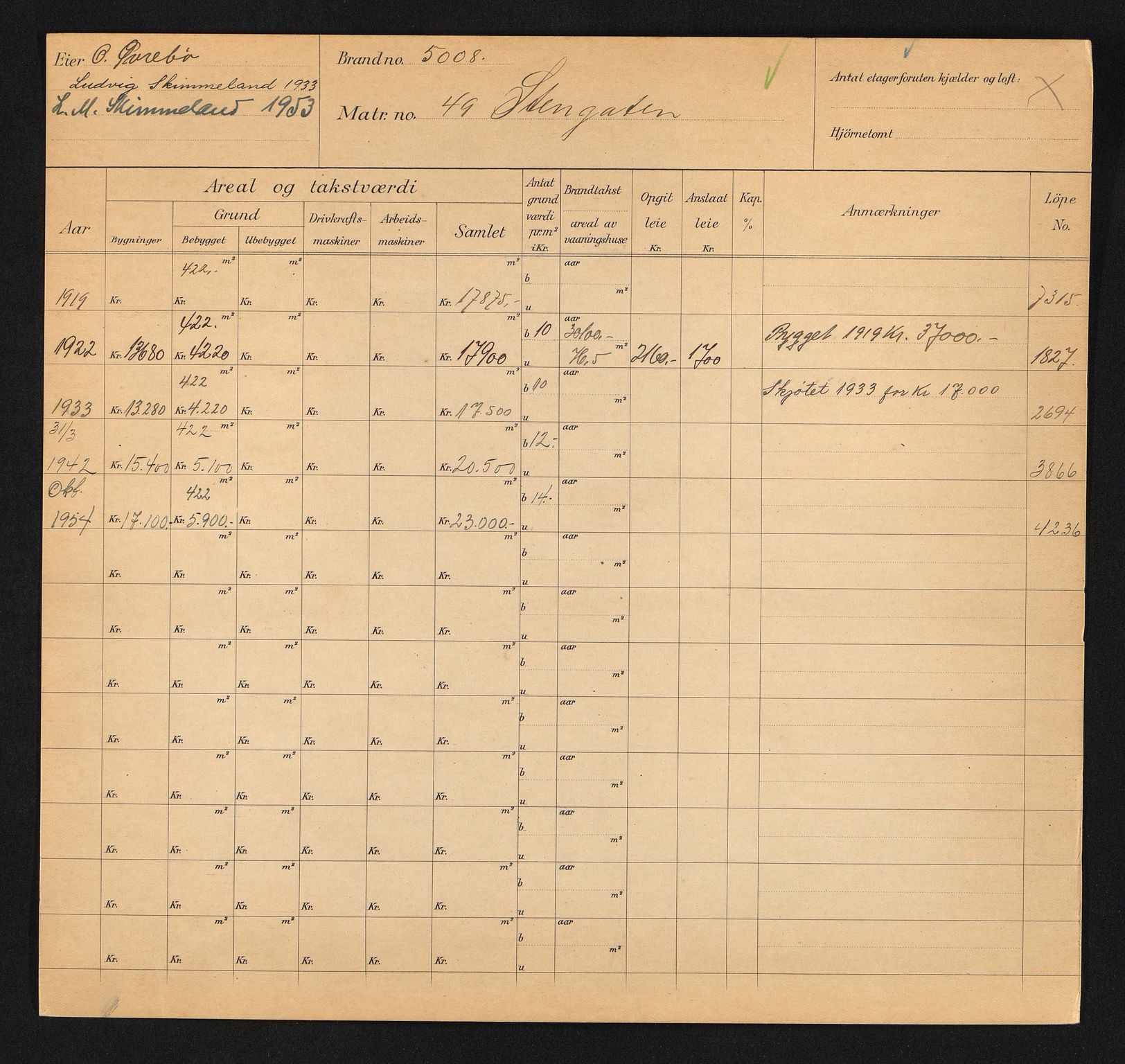 Stavanger kommune. Skattetakstvesenet, BYST/A-0440/F/Fa/Faa/L0040/0005: Skattetakstkort / Steingata 45 - 121