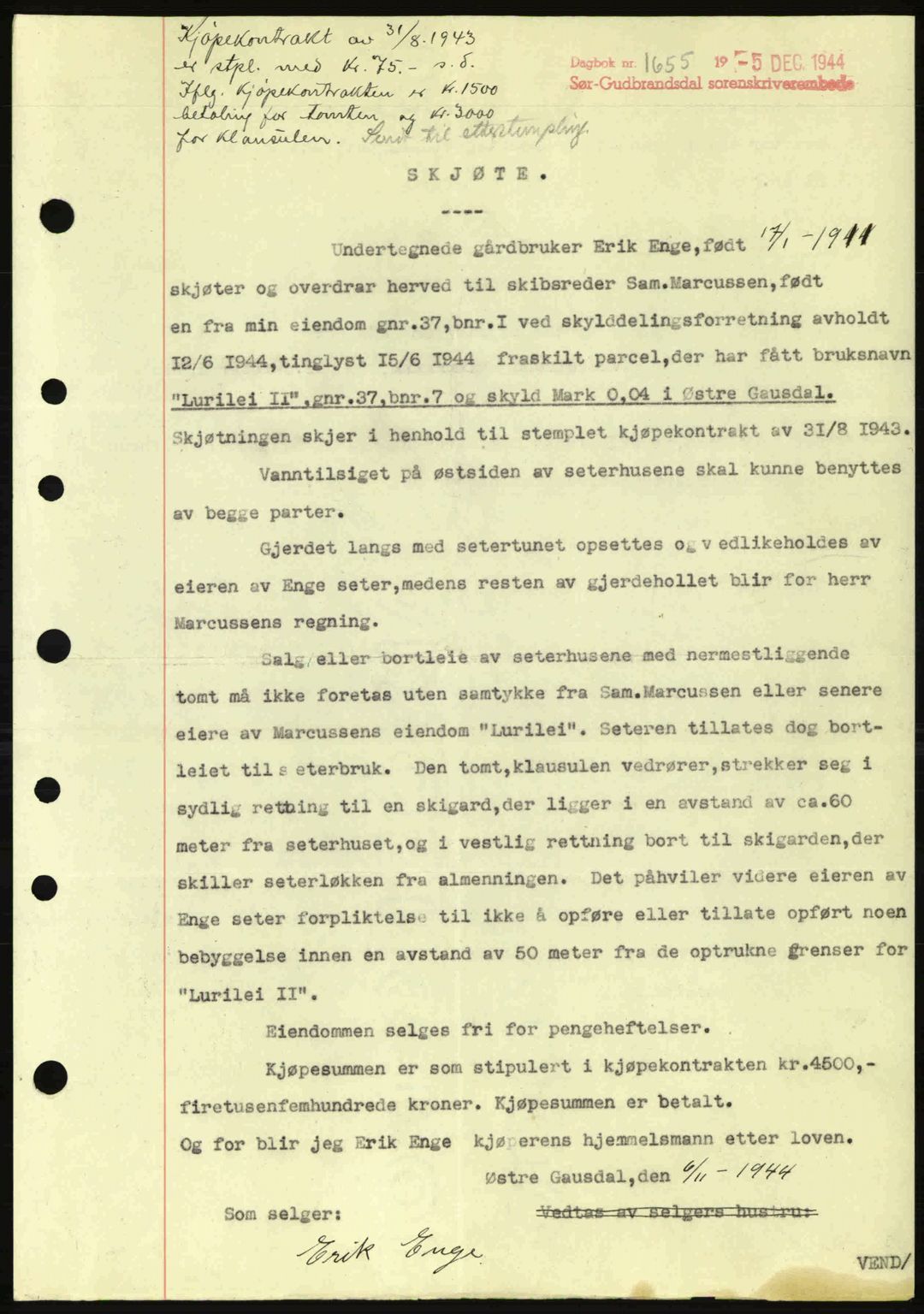 Sør-Gudbrandsdal tingrett, SAH/TING-004/H/Hb/Hbd/L0014: Pantebok nr. A14, 1944-1945, Dagboknr: 1655/1944