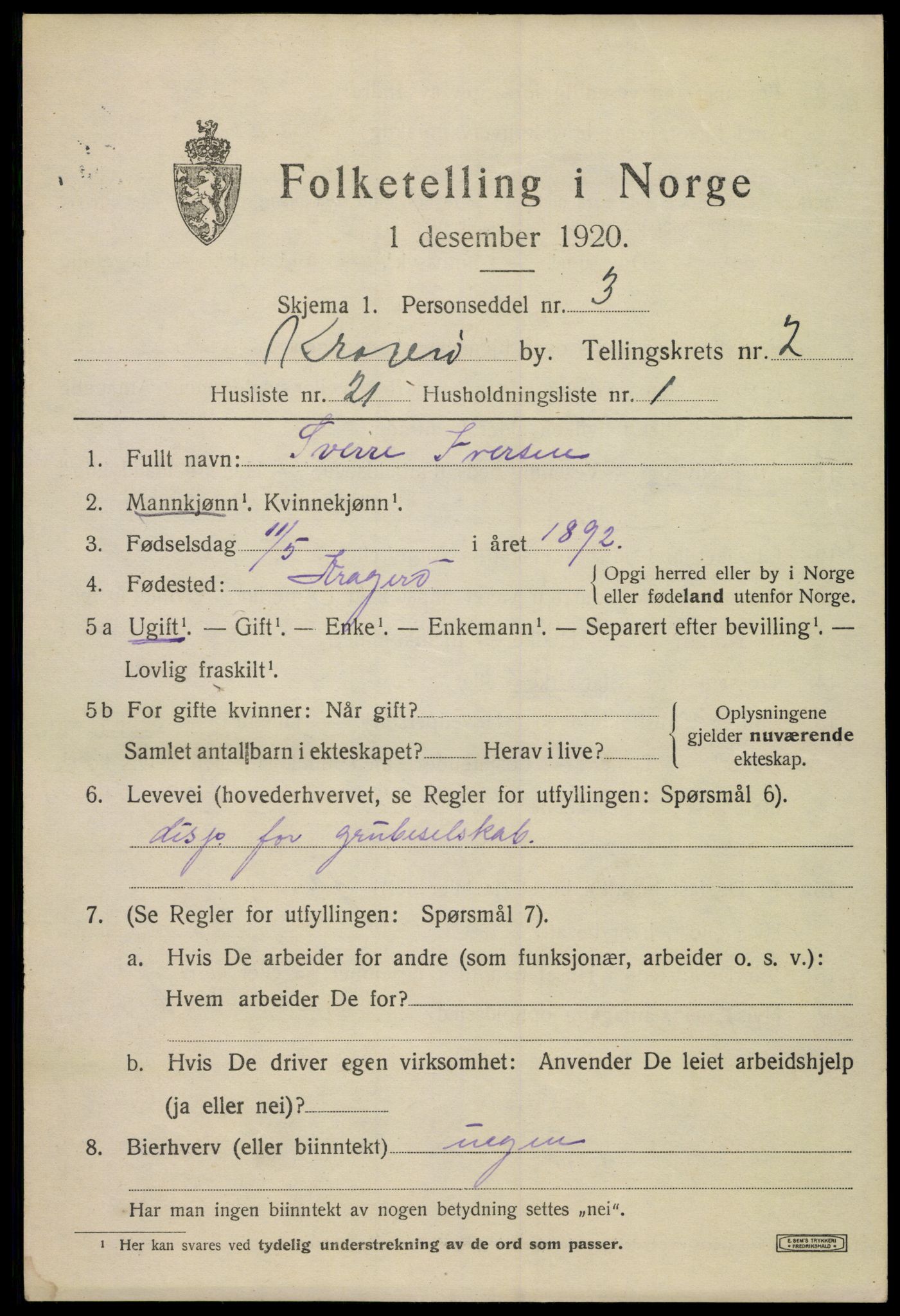 SAKO, Folketelling 1920 for 0801 Kragerø kjøpstad, 1920, s. 5619