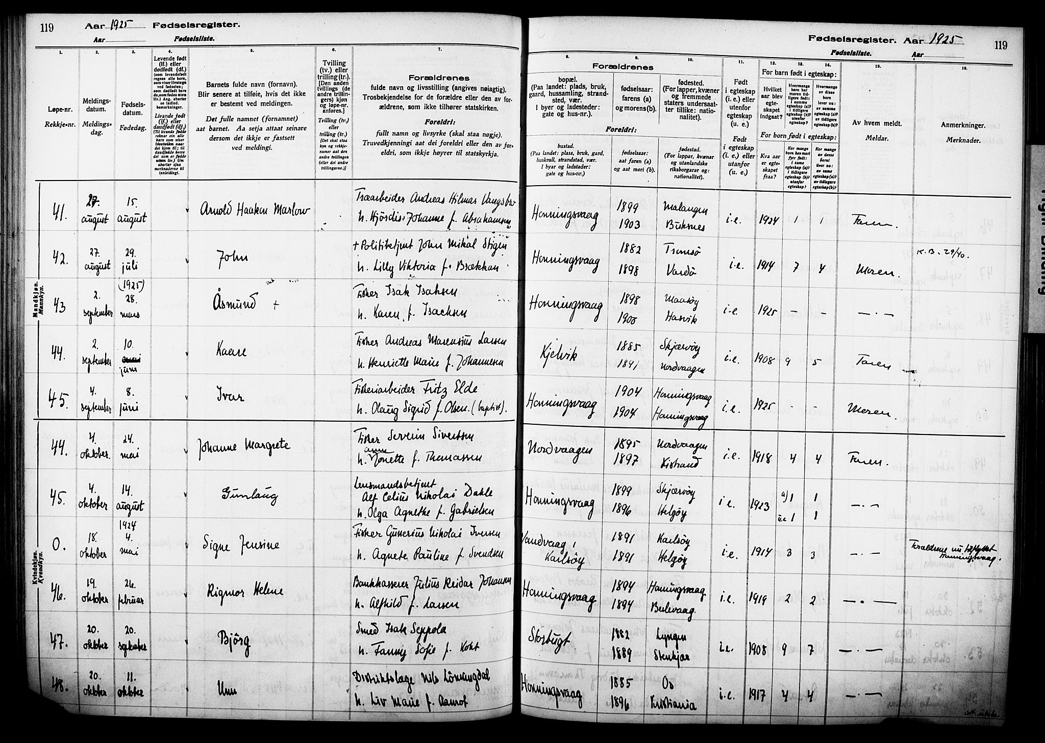 Kjelvik/Nordkapp sokneprestkontor, AV/SATØ-S-1350/I/Ia/L0015: Fødselsregister nr. 15, 1916-1930, s. 119