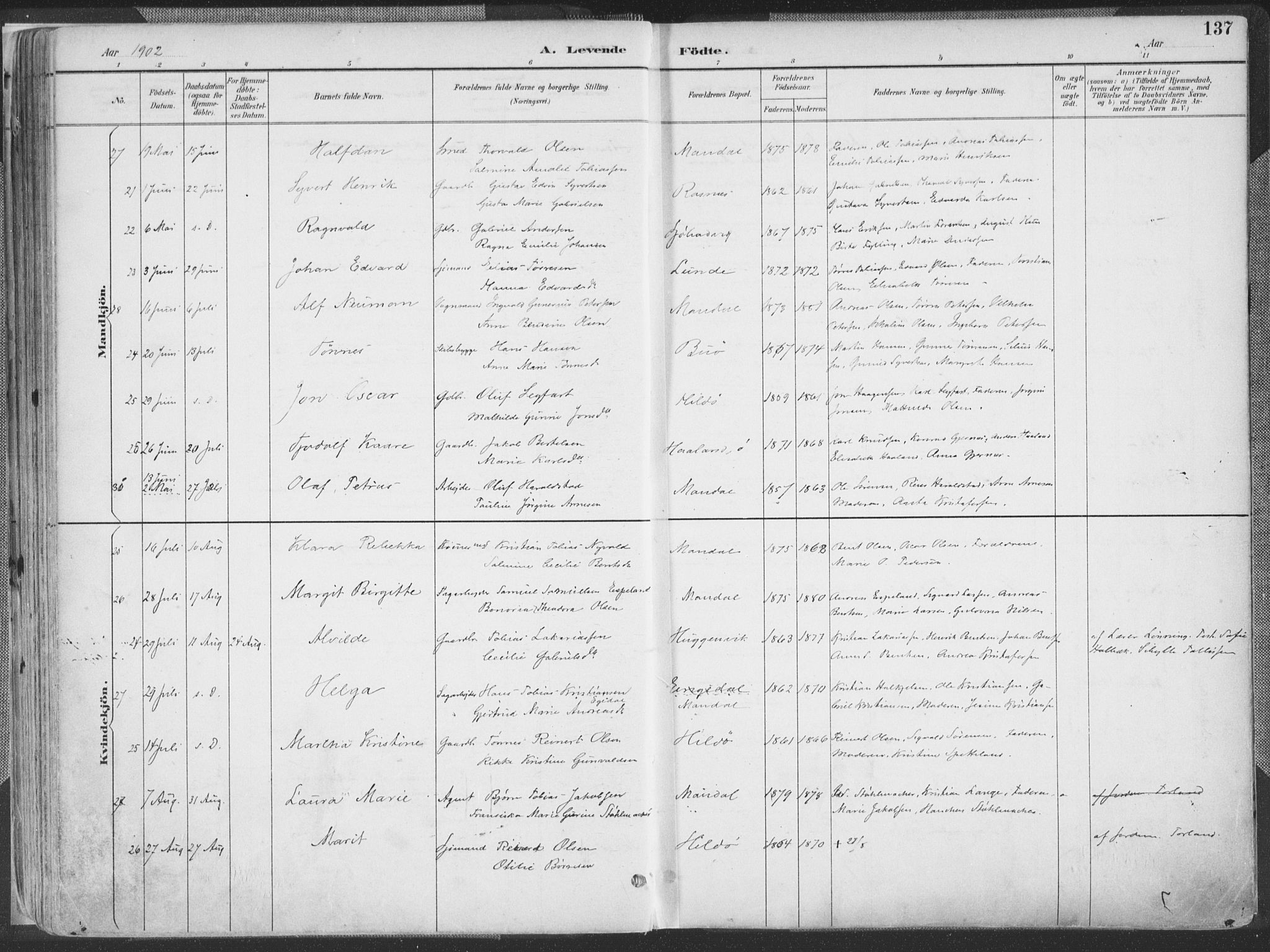 Mandal sokneprestkontor, AV/SAK-1111-0030/F/Fa/Faa/L0018: Ministerialbok nr. A 18, 1890-1905, s. 137
