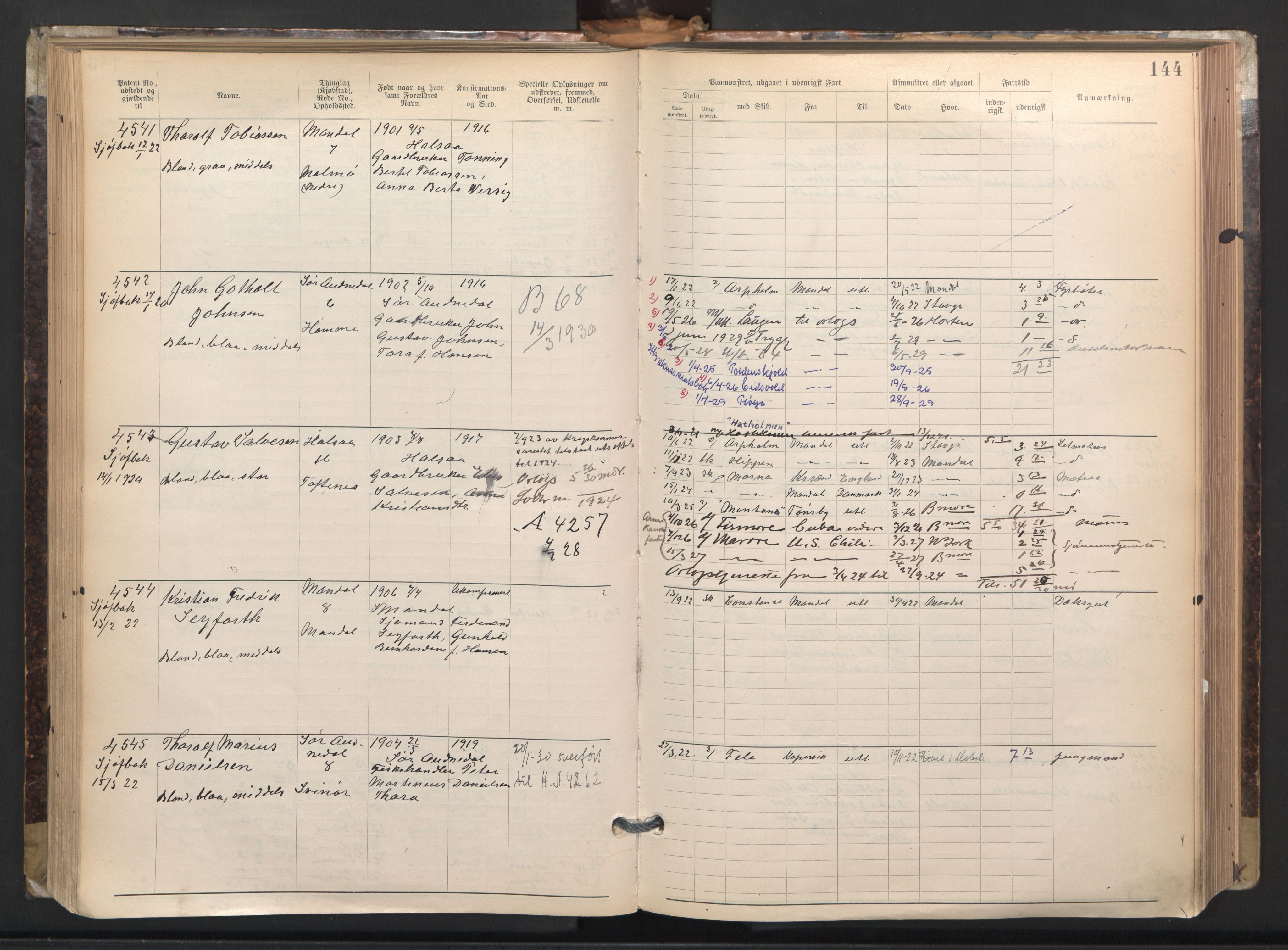 Mandal mønstringskrets, AV/SAK-2031-0016/F/Fa/L0003: Annotasjonsrulle nr 3831-4730 med register, L-5, 1900-1948, s. 168