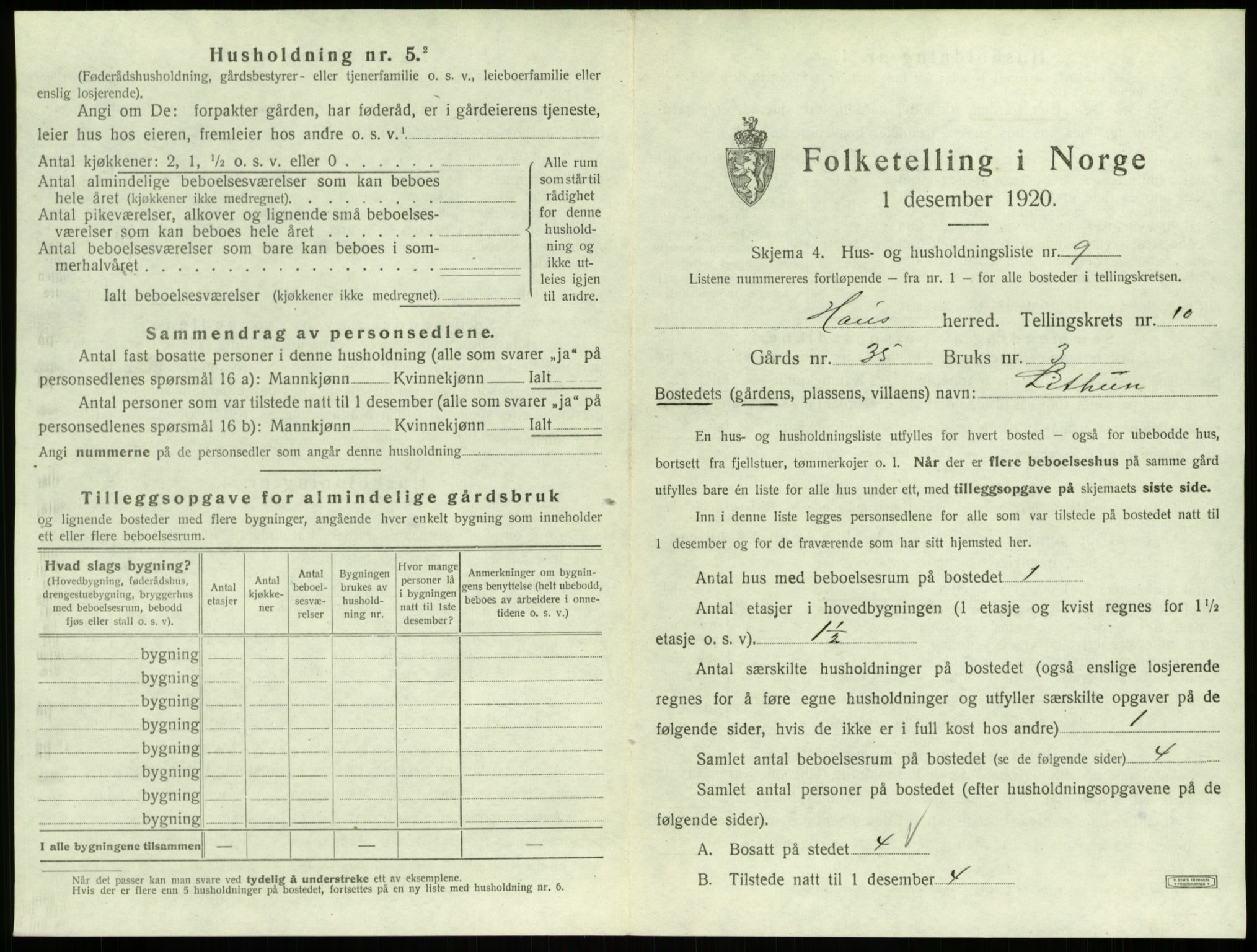 SAB, Folketelling 1920 for 1250 Haus herred, 1920, s. 744