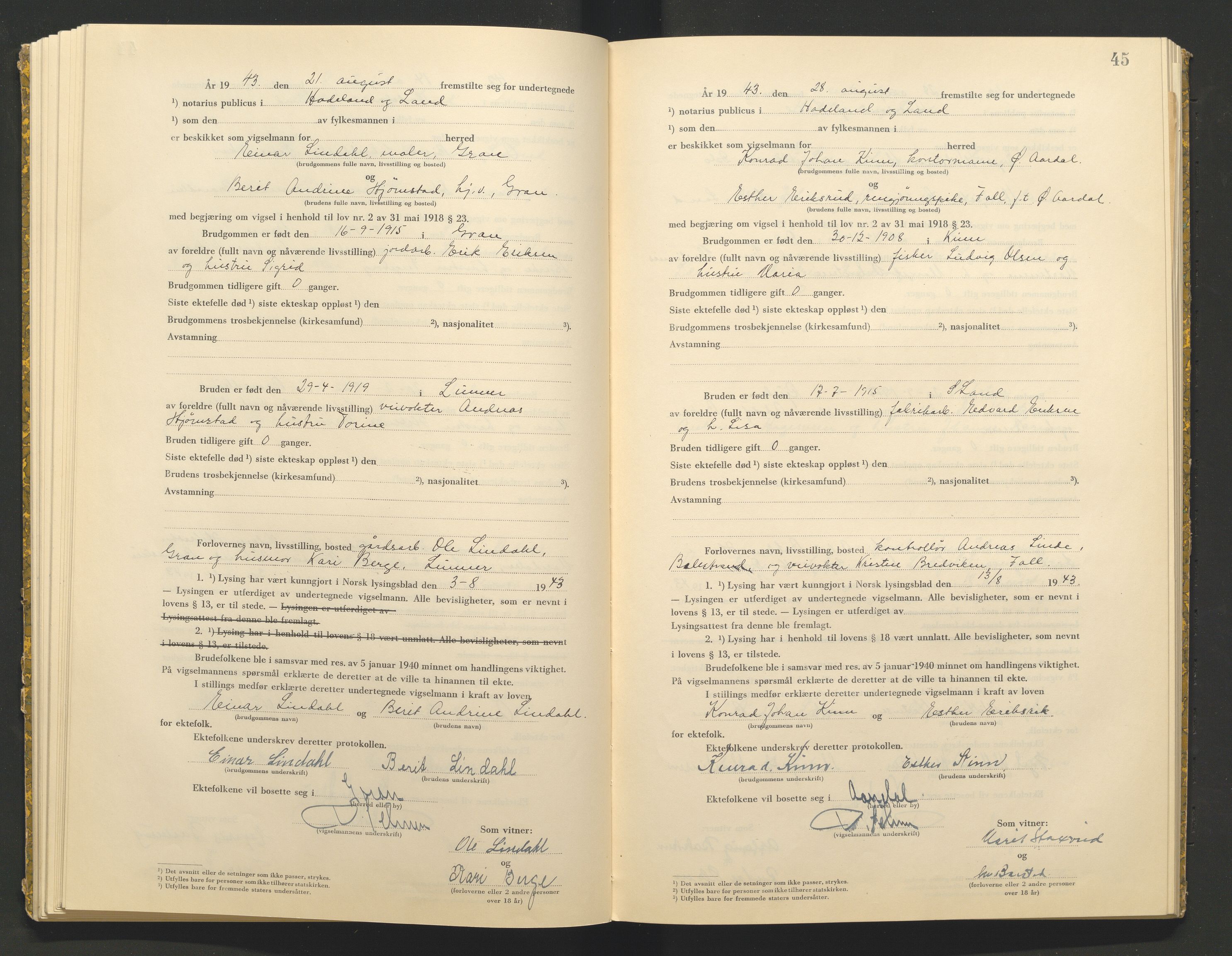 Hadeland og Land tingrett, AV/SAH-TING-010/L/Lb/L0002: Vigselbok, 1943-1944, s. 45