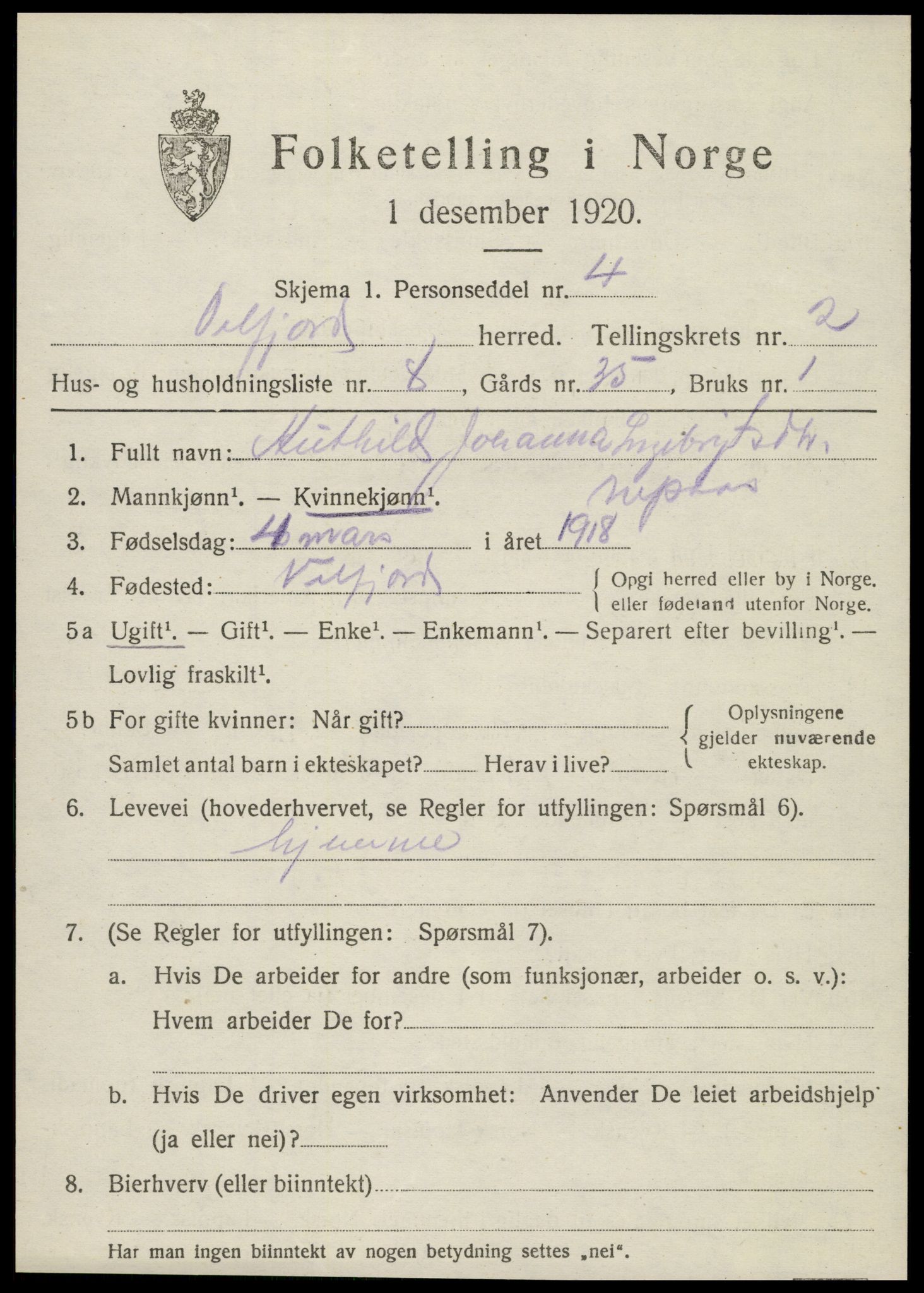 SAT, Folketelling 1920 for 1813 Velfjord herred, 1920, s. 1277