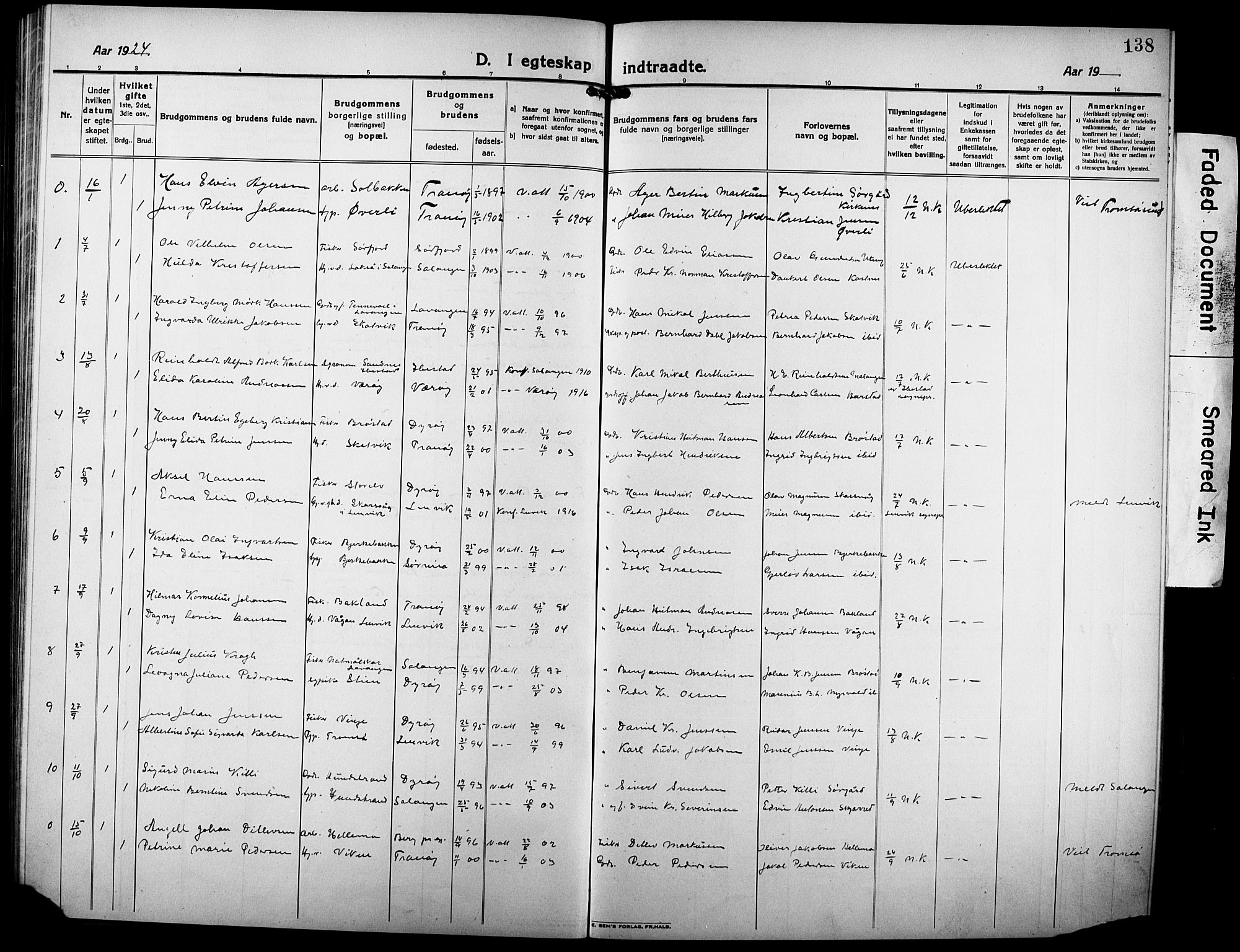 Tranøy sokneprestkontor, SATØ/S-1313/I/Ia/Iab/L0006klokker: Klokkerbok nr. 6, 1919-1932, s. 138