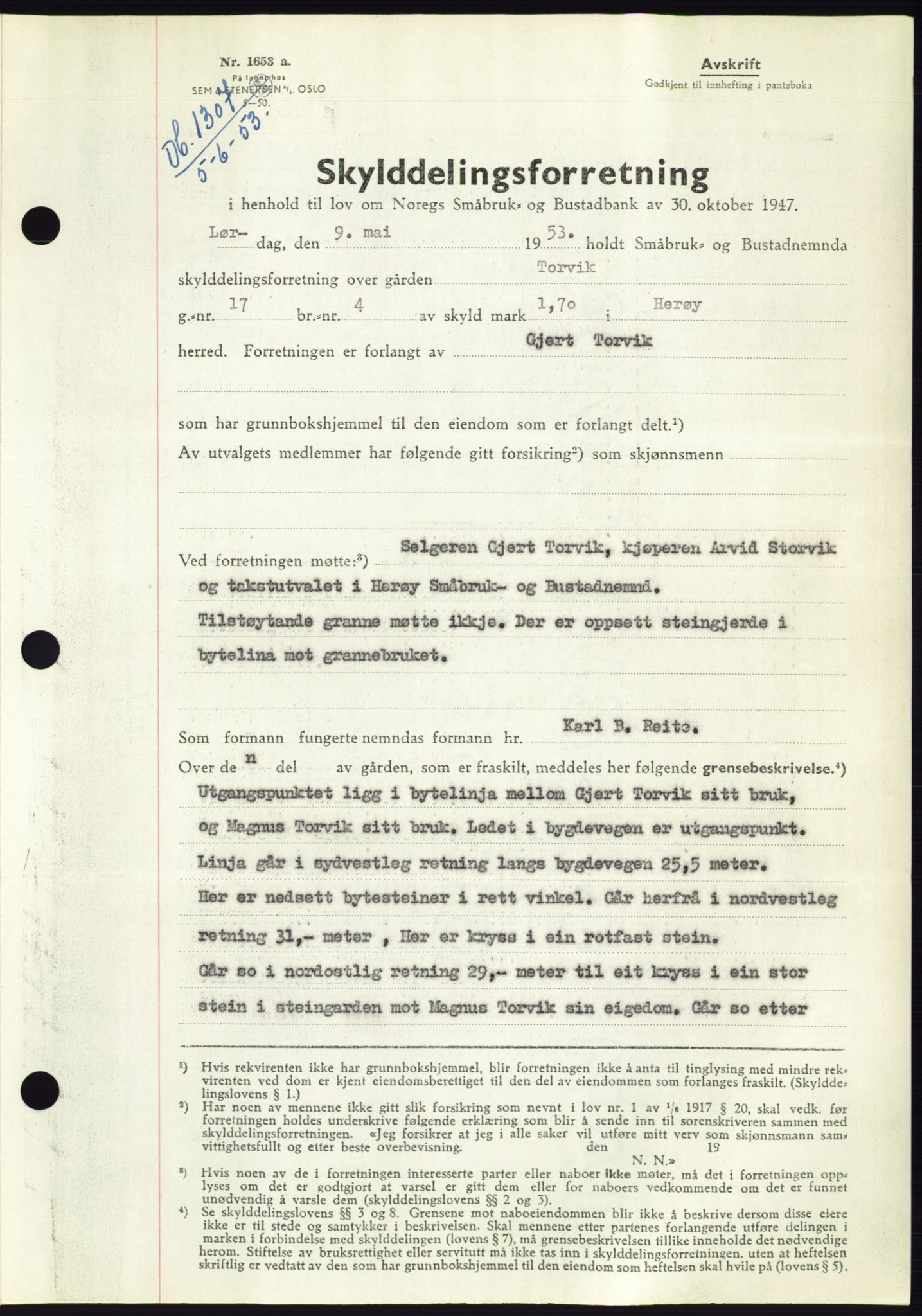 Søre Sunnmøre sorenskriveri, AV/SAT-A-4122/1/2/2C/L0095: Pantebok nr. 21A, 1953-1953, Dagboknr: 1307/1953